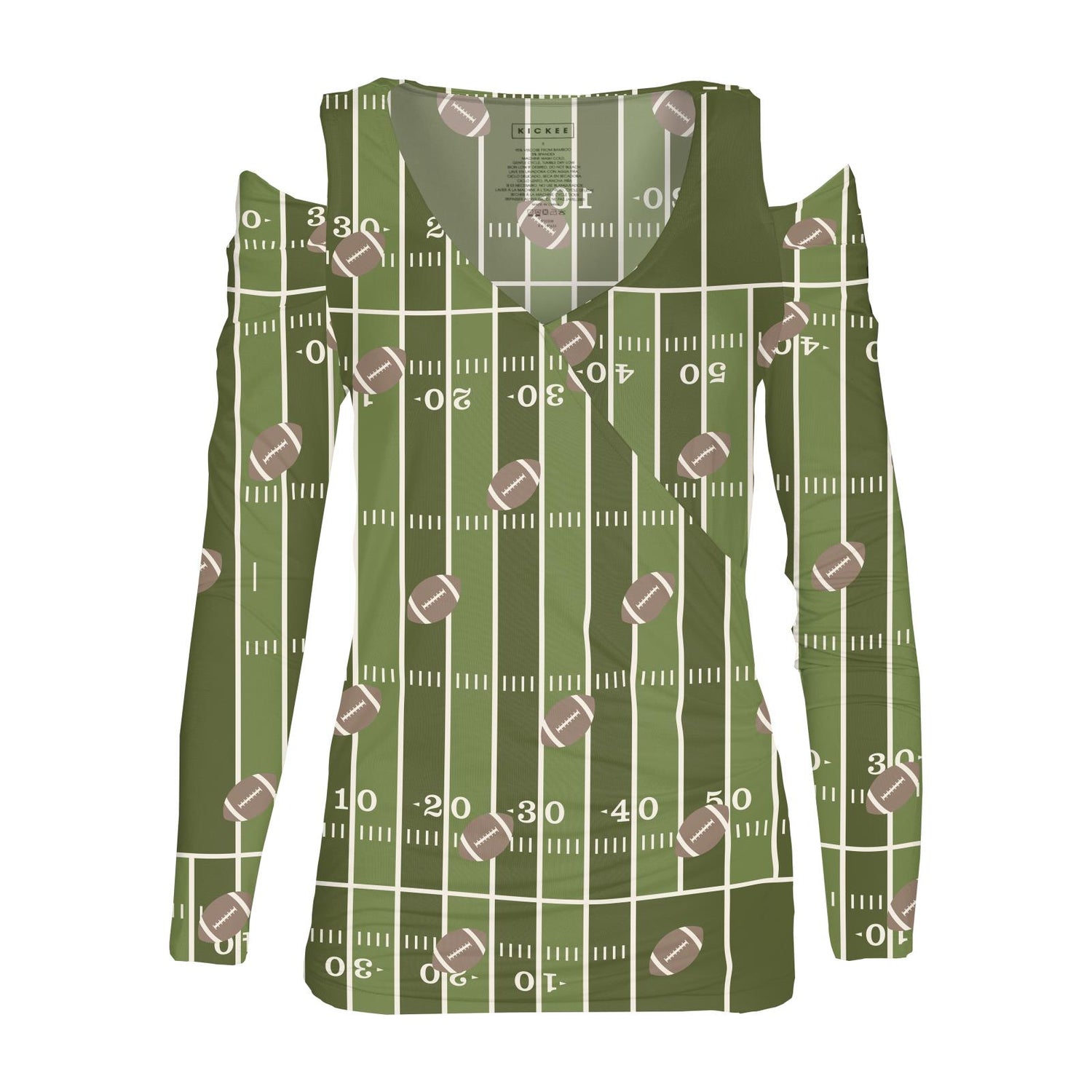 Women's Print Long Sleeve Open-Shoulder Kimono Tee in Pesto Football (334386)