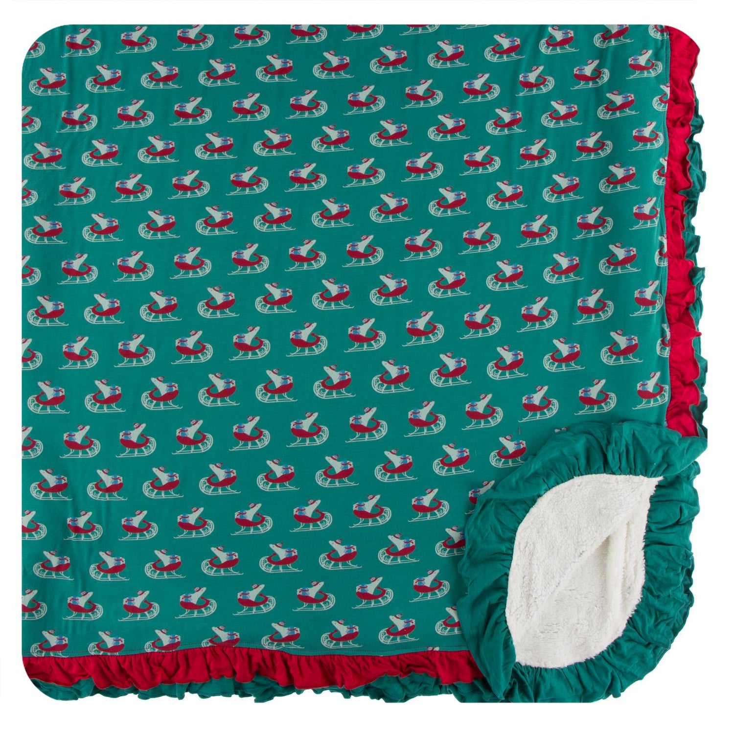 Print SherpaLined Double Ruffle Throw Blanket in Ivy Sled