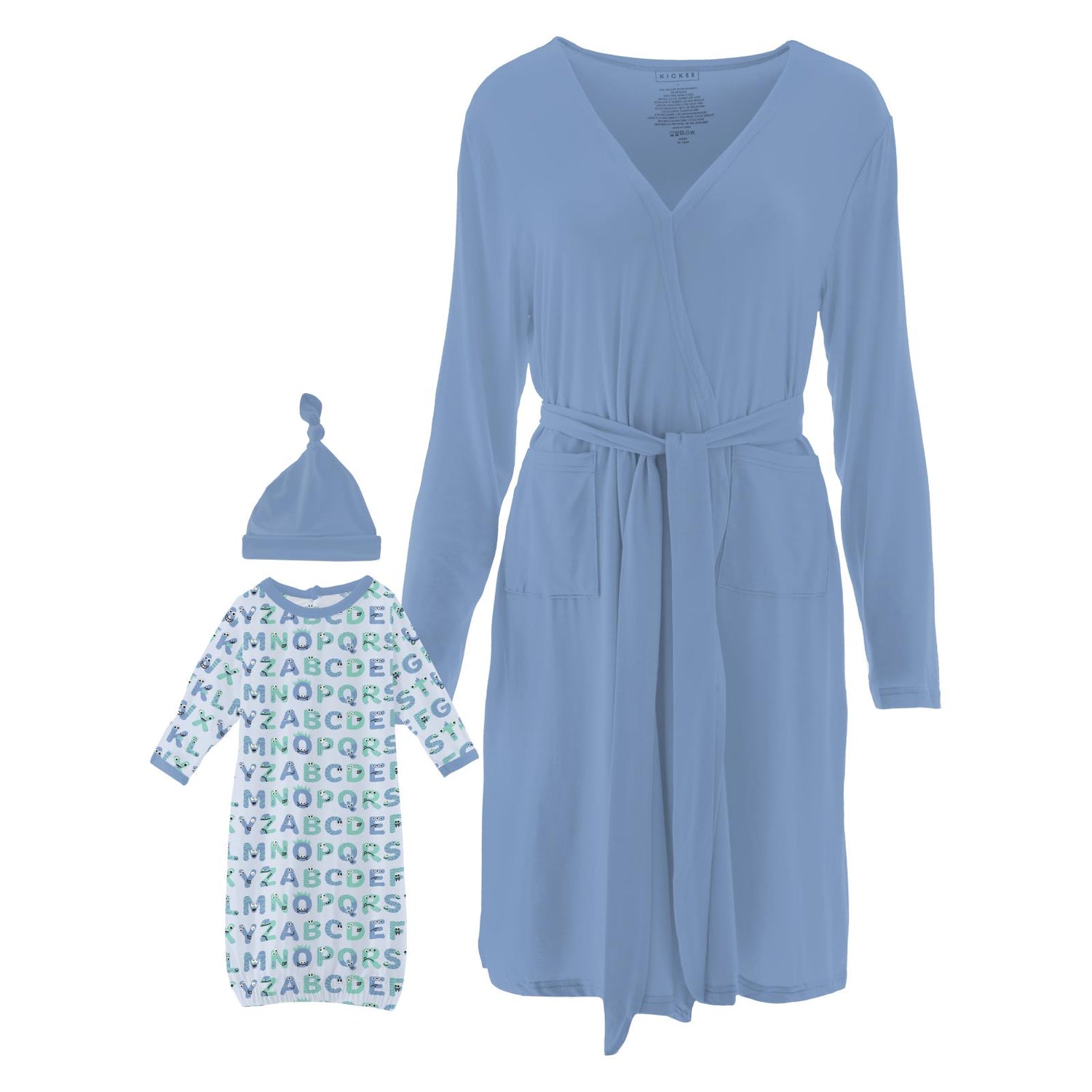 Women's Print Mid Length Lounge Robe & Layette Gown Set in Dew ABC Monsters