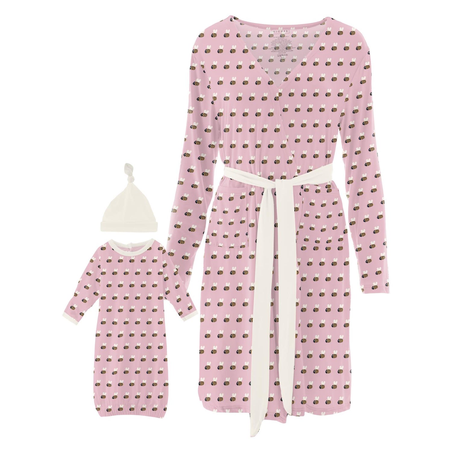 Women's Print Mid Length Lounge Robe & Layette Gown Set in Cake Pop Baby Bumblebee