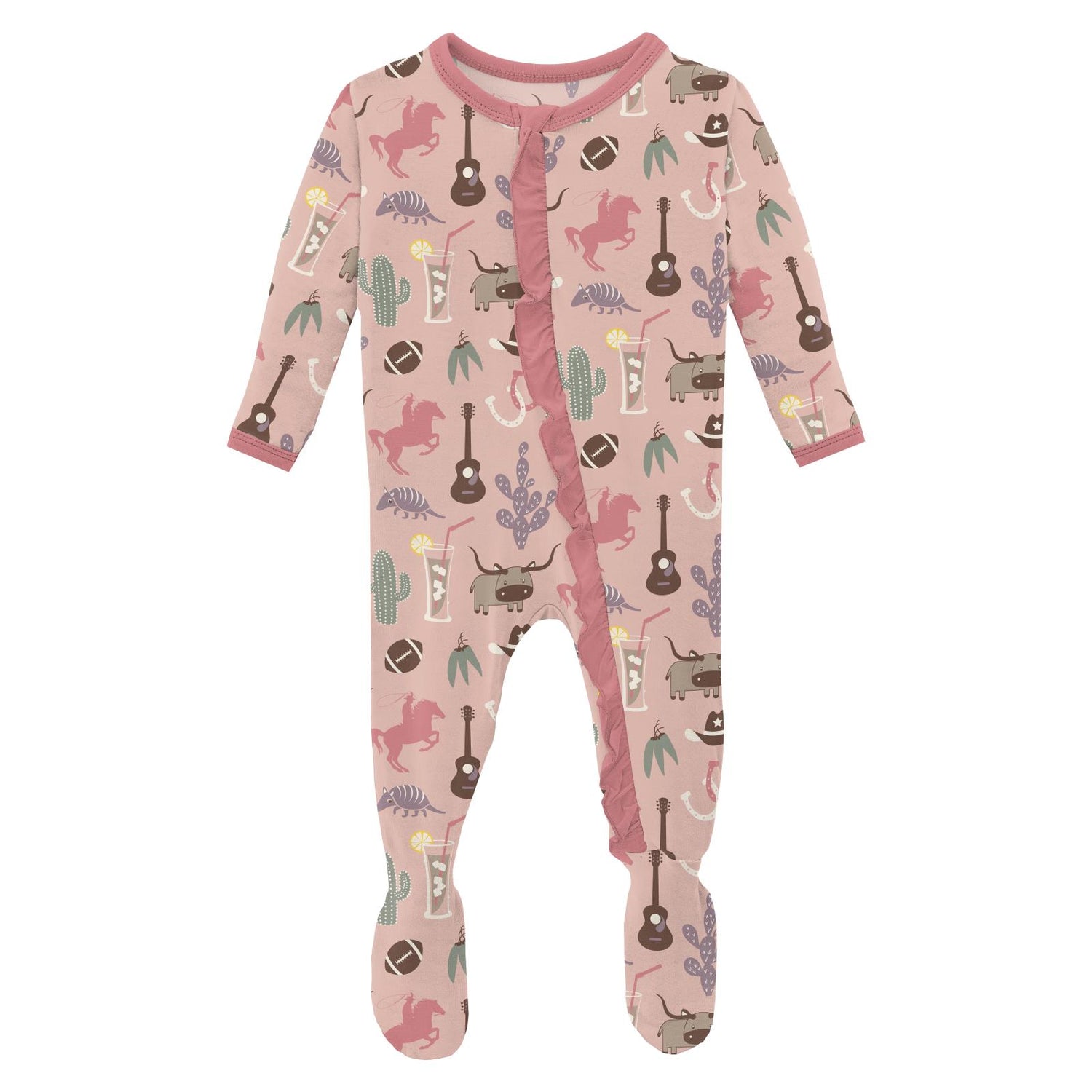 Print Layette Ruffle Footie with Zipper in Peach Blossom Rodeo (270501)