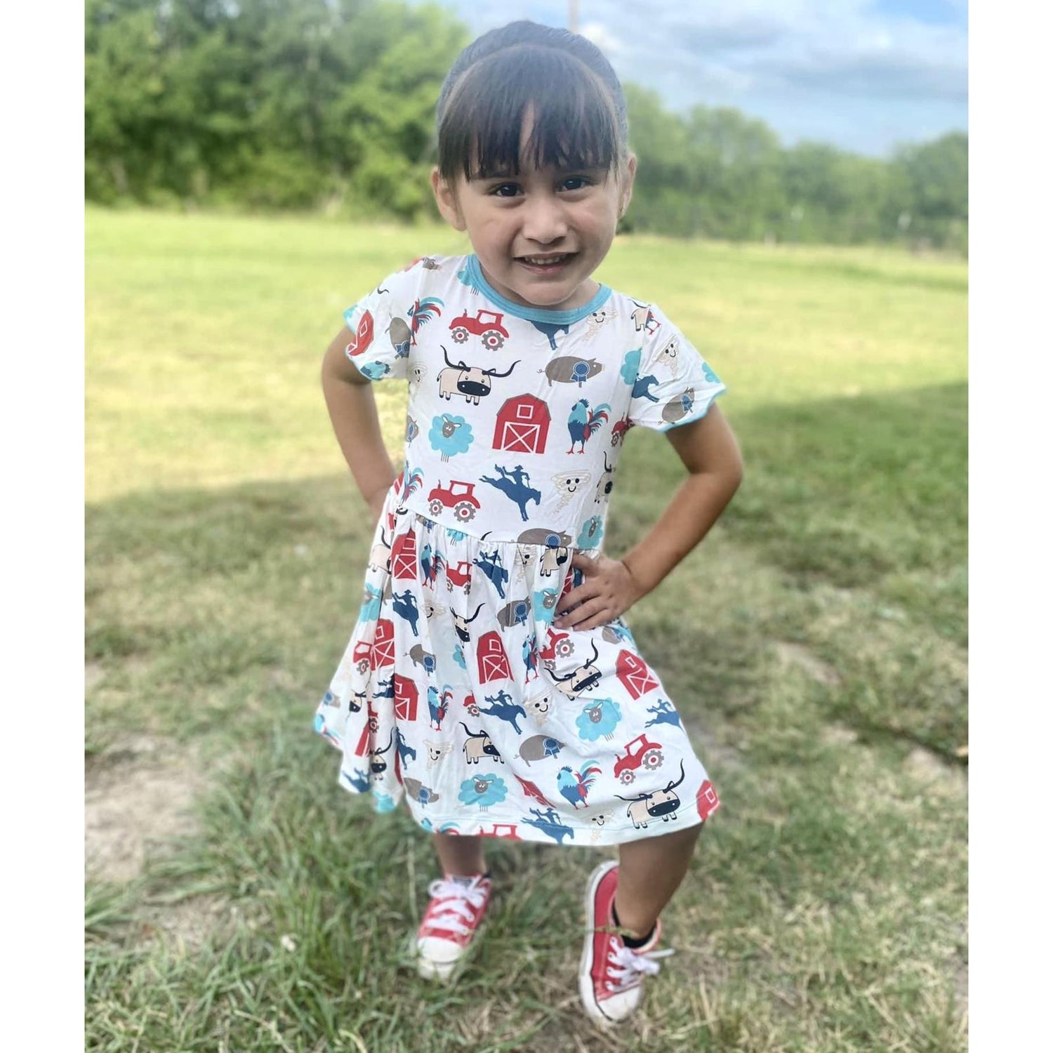 Print Flutter Sleeve Twirl Dress in Glacier Rowdy Howdy (270381)