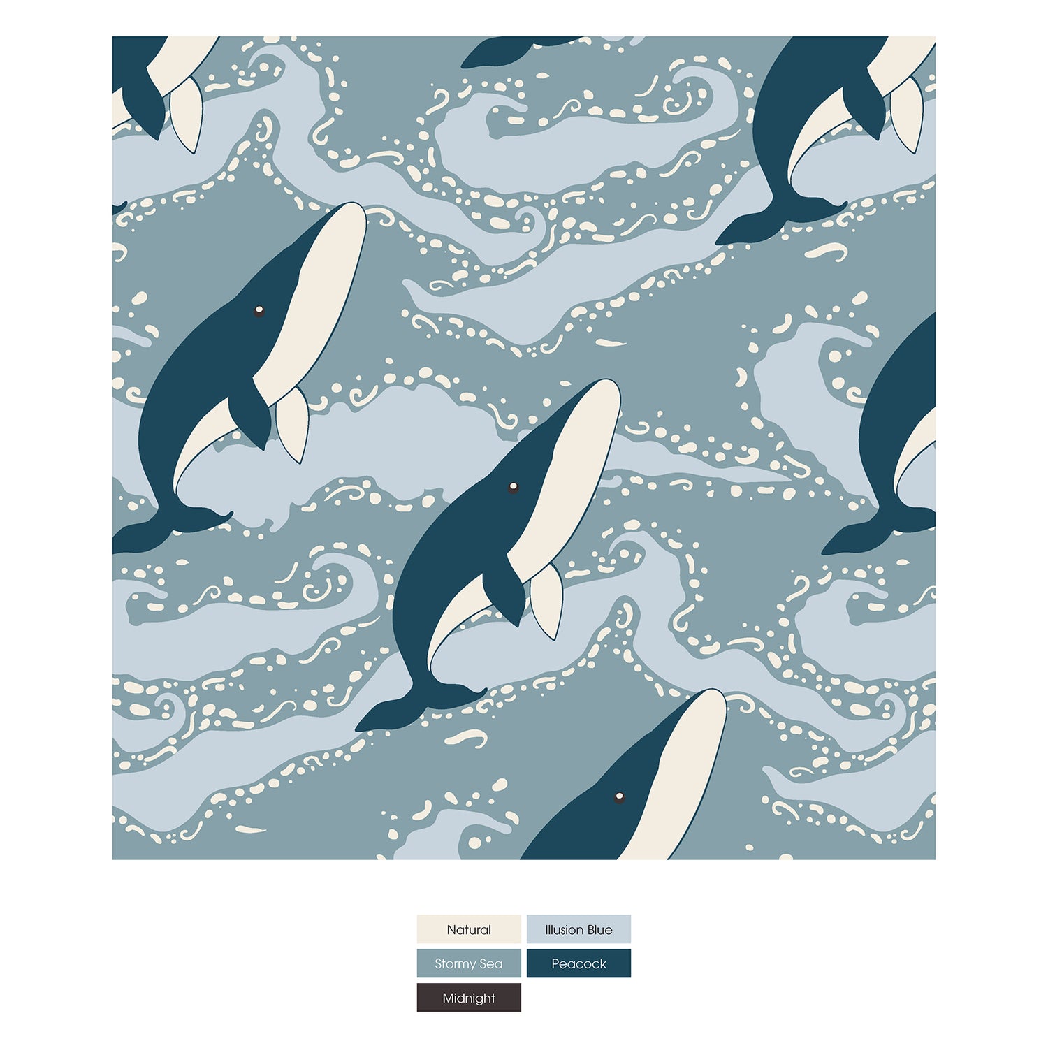 Print Long Sleeve Crew Neck Tee in Stormy Sea Splashing Whales (310345)