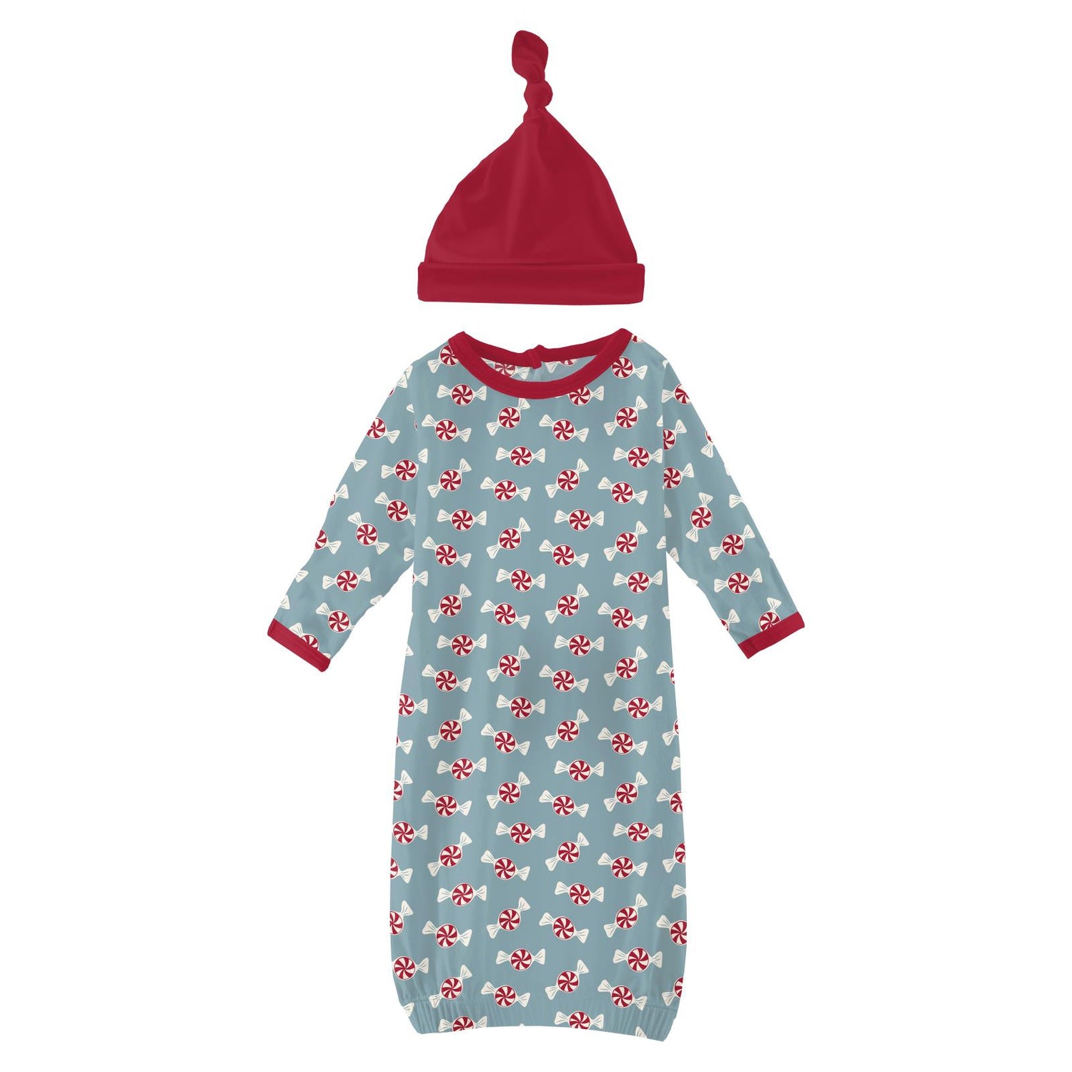 Print Layette Gown & Single Knot Hat Set in Stormy Sea Peppermints (298671)