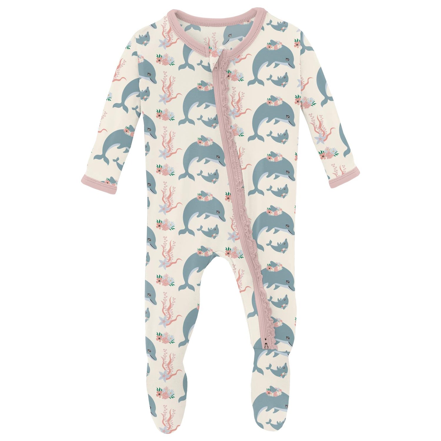Print Muffin Ruffle Footie with 2 Way Zipper in Natural Dolphins