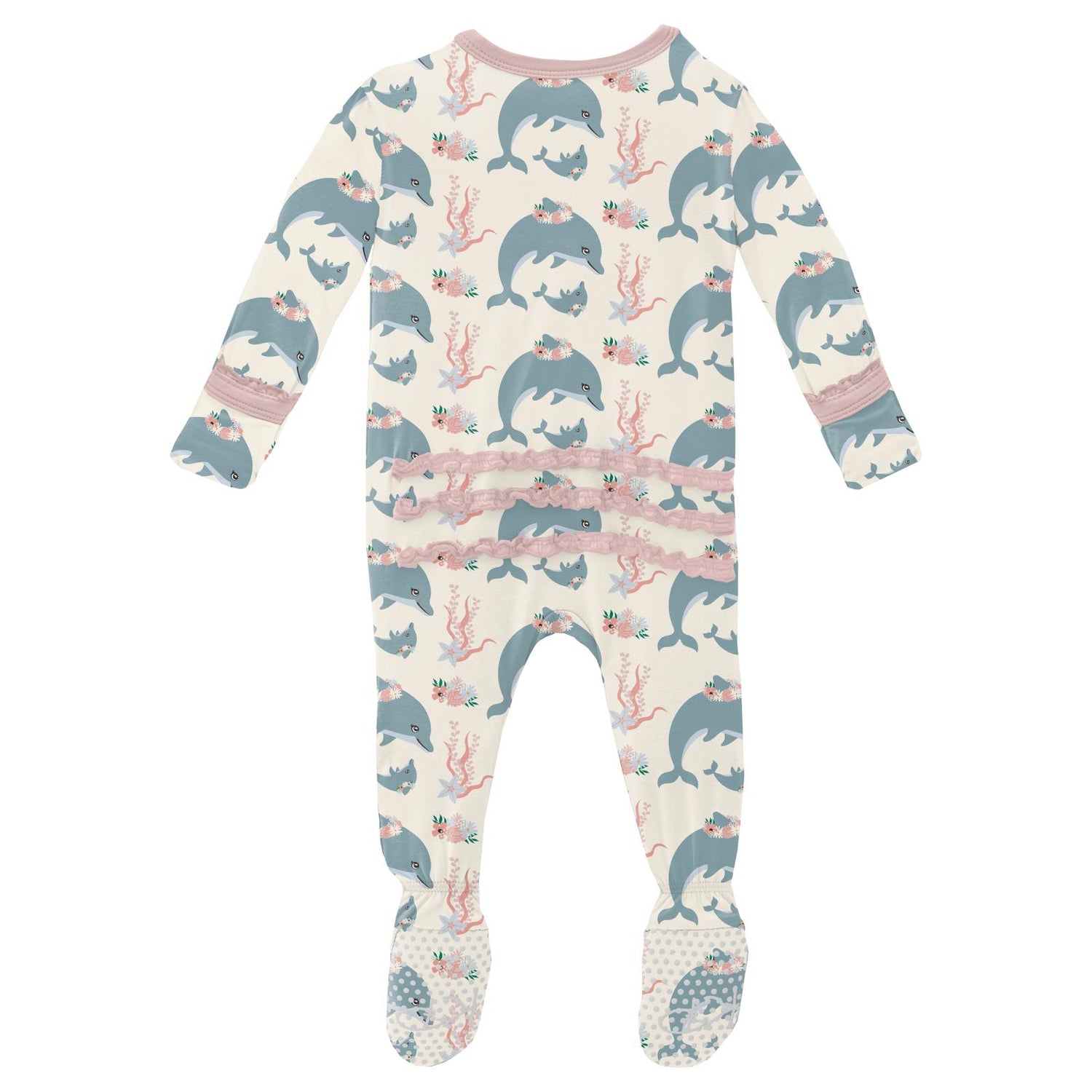 Print Muffin Ruffle Footie with 2 Way Zipper in Natural Dolphins