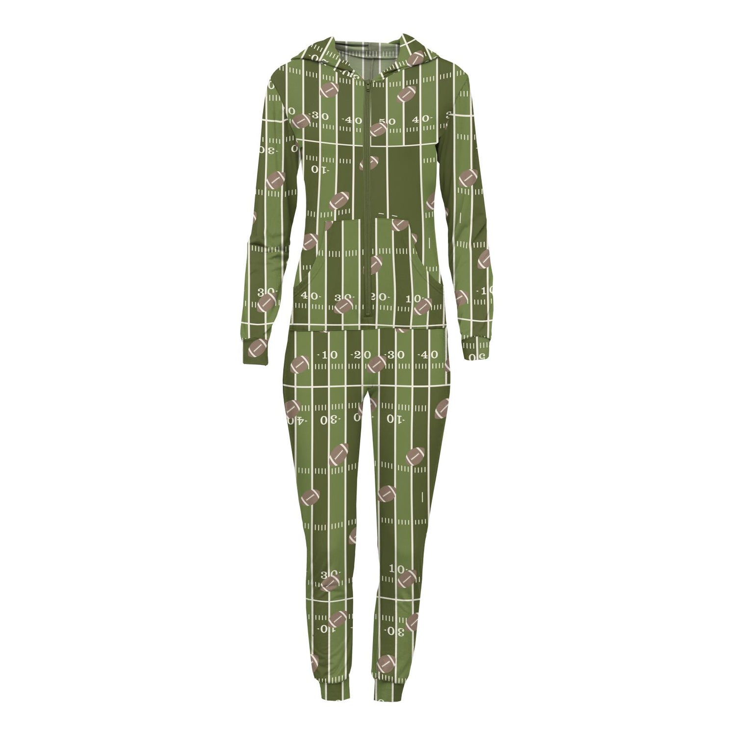 Women's Print Long Sleeve Jumpsuit with Hood in Pesto Football (334684)