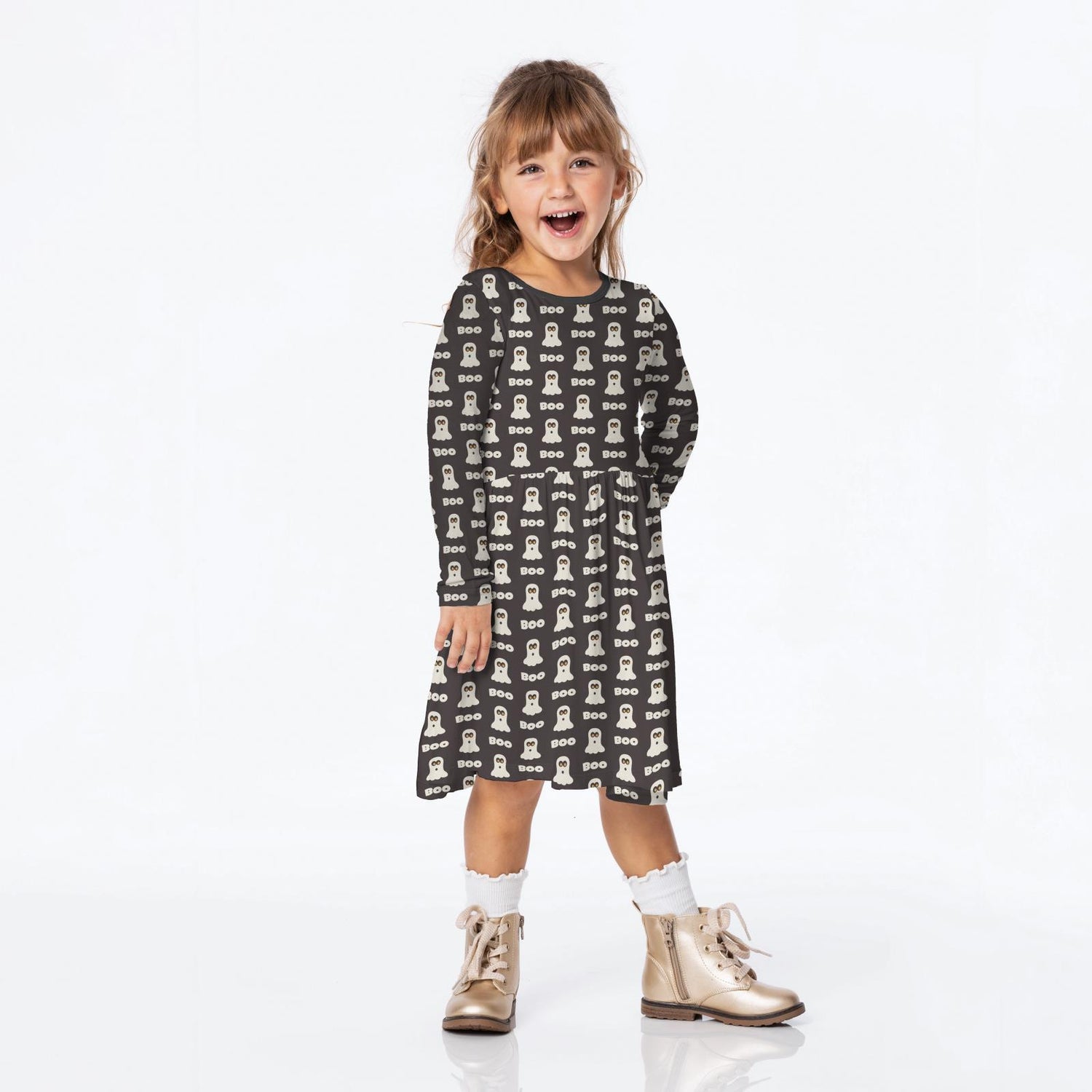 Print Long Sleeve Twirl Dress with Pockets in Midnight Boo (324715)