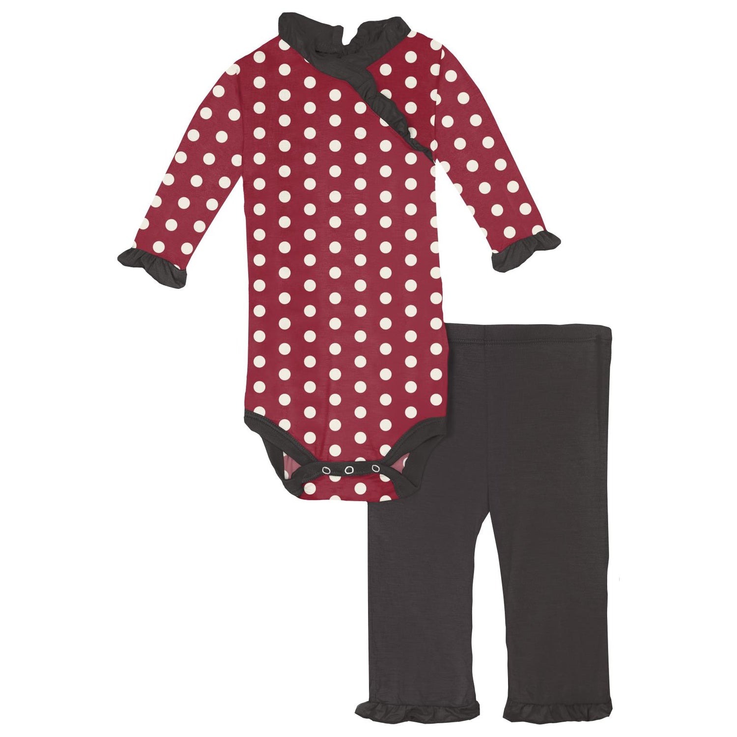 Print Long Sleeve Kimono Ruffle One Piece &amp; Ruffle Pants Set in Candy Apple Polka Dots (246482)