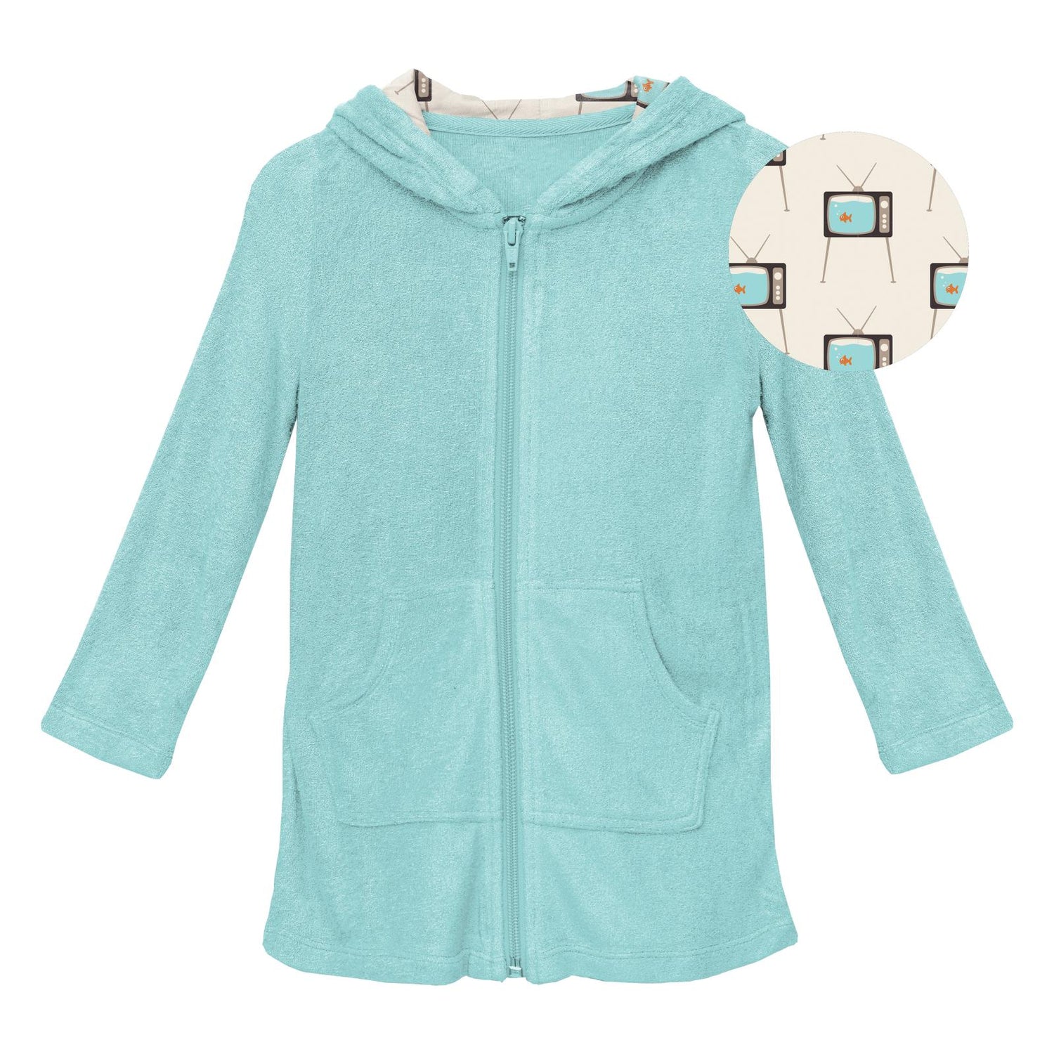 Terry Zip-Front After Swim Robe with Lined Hood in Summer Sky with Natural Vintage TV (245463)