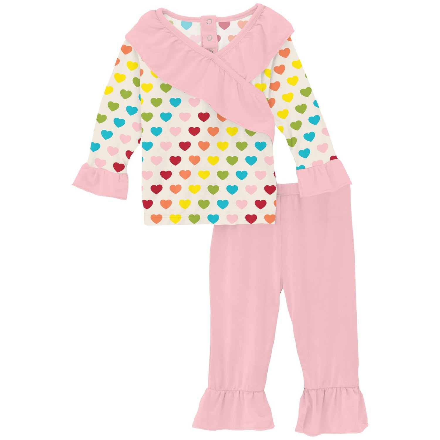 Print Long Sleeve Kimono Ruffle Outfit Set in Rainbow Hearts (247636)