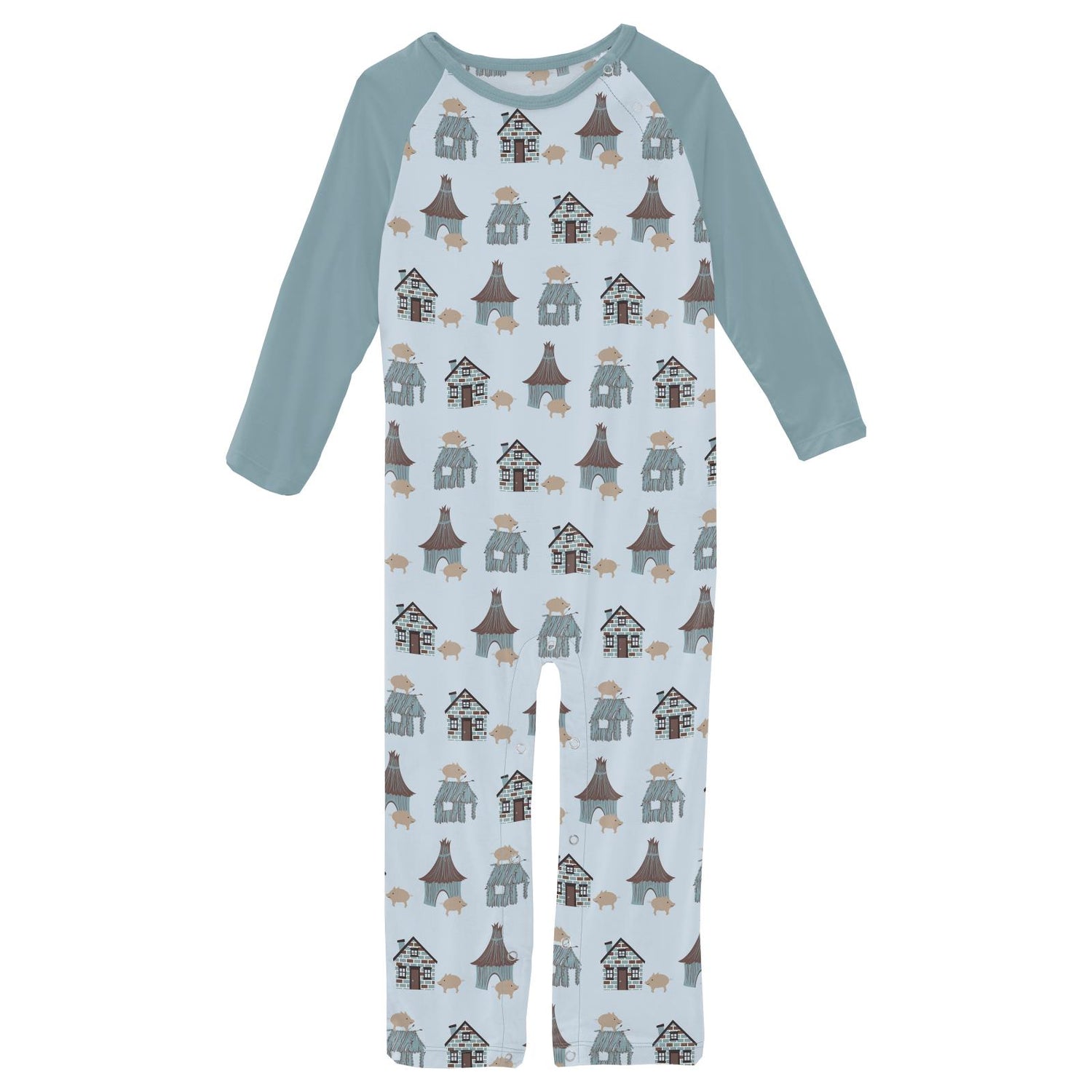 Print Long Sleeve Raglan Romper in Illusion Blue Three Little Pigs (292116)