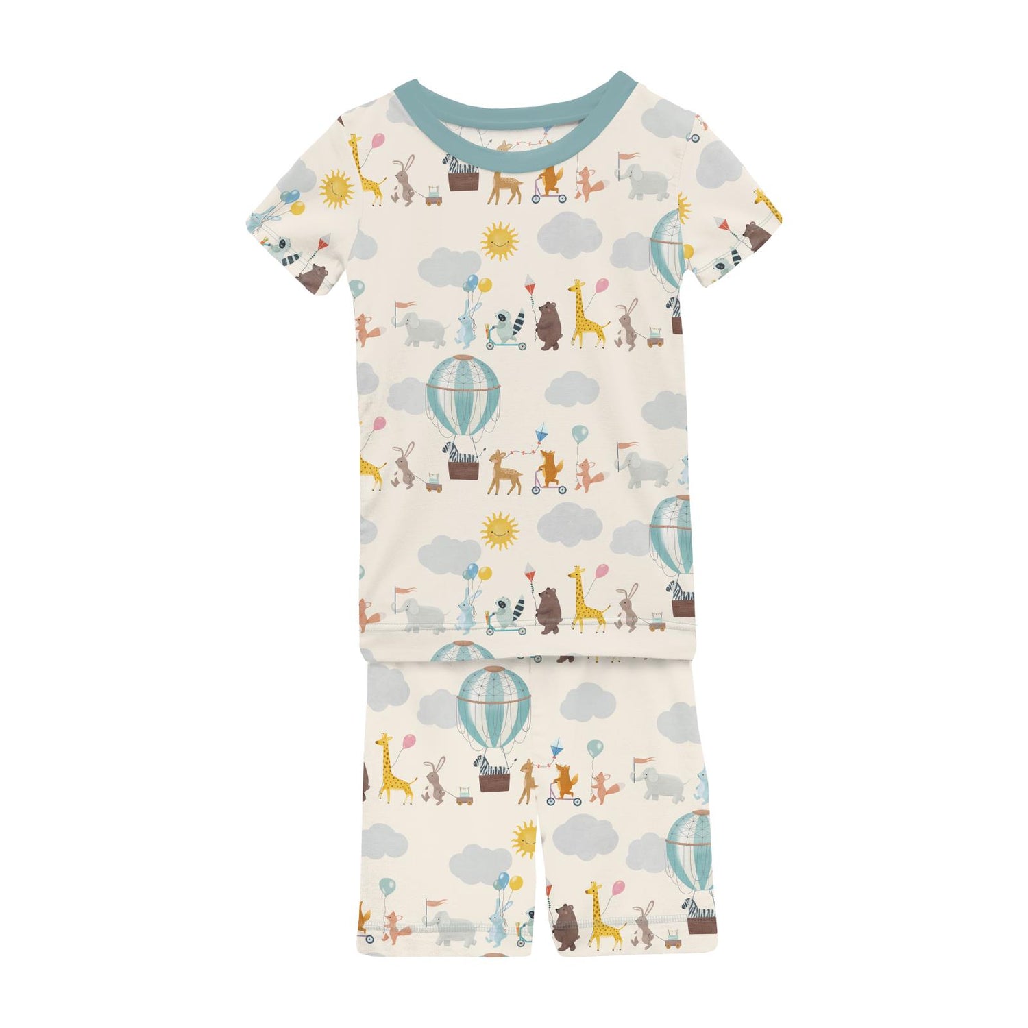 Print Short Sleeve Pajama Set with Shorts in Natural Animal Parade (336164)