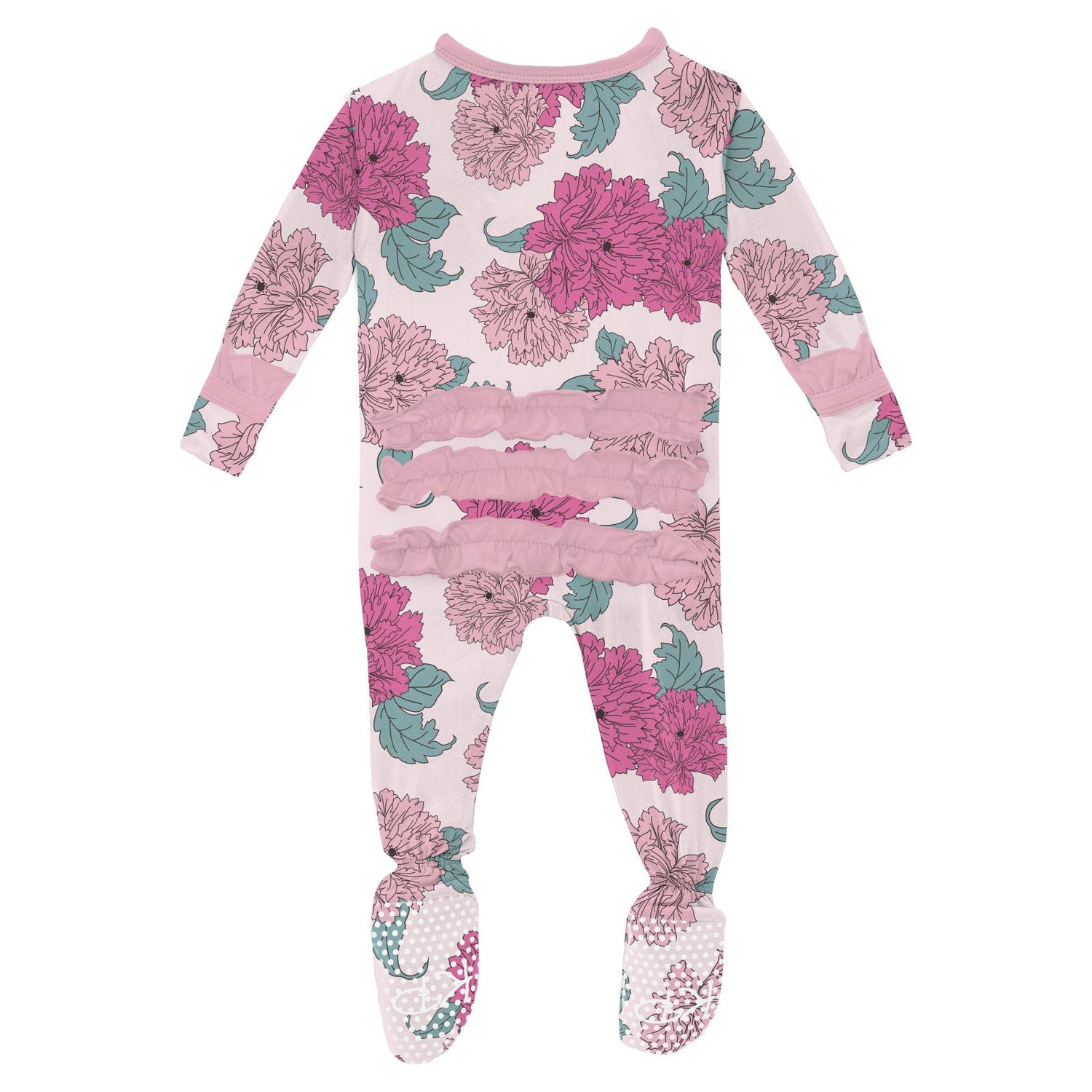 Print Layette Ruffle Footie with 2 Way Zipper in Shrinking Violet Peonies (336429)