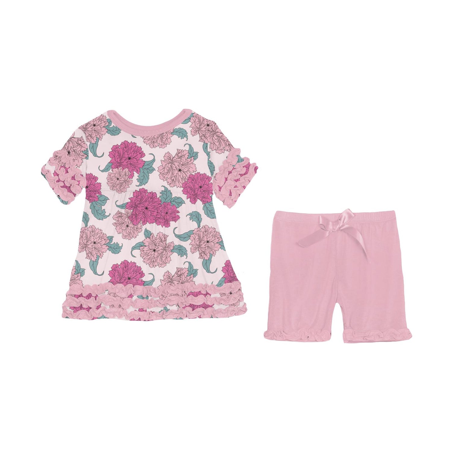 Print Short Sleeve Babydoll Outfit Set with Shorts in Shrinking Violet Peonies (336441)