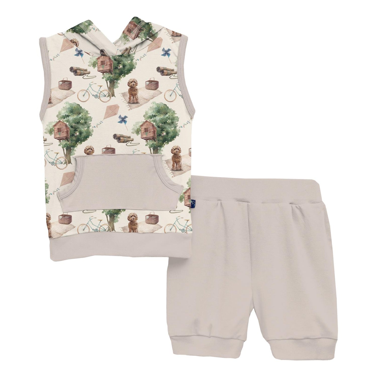 Print Short Sleeve Hoodie Tank Outfit Set in Natural Tree House (336671)