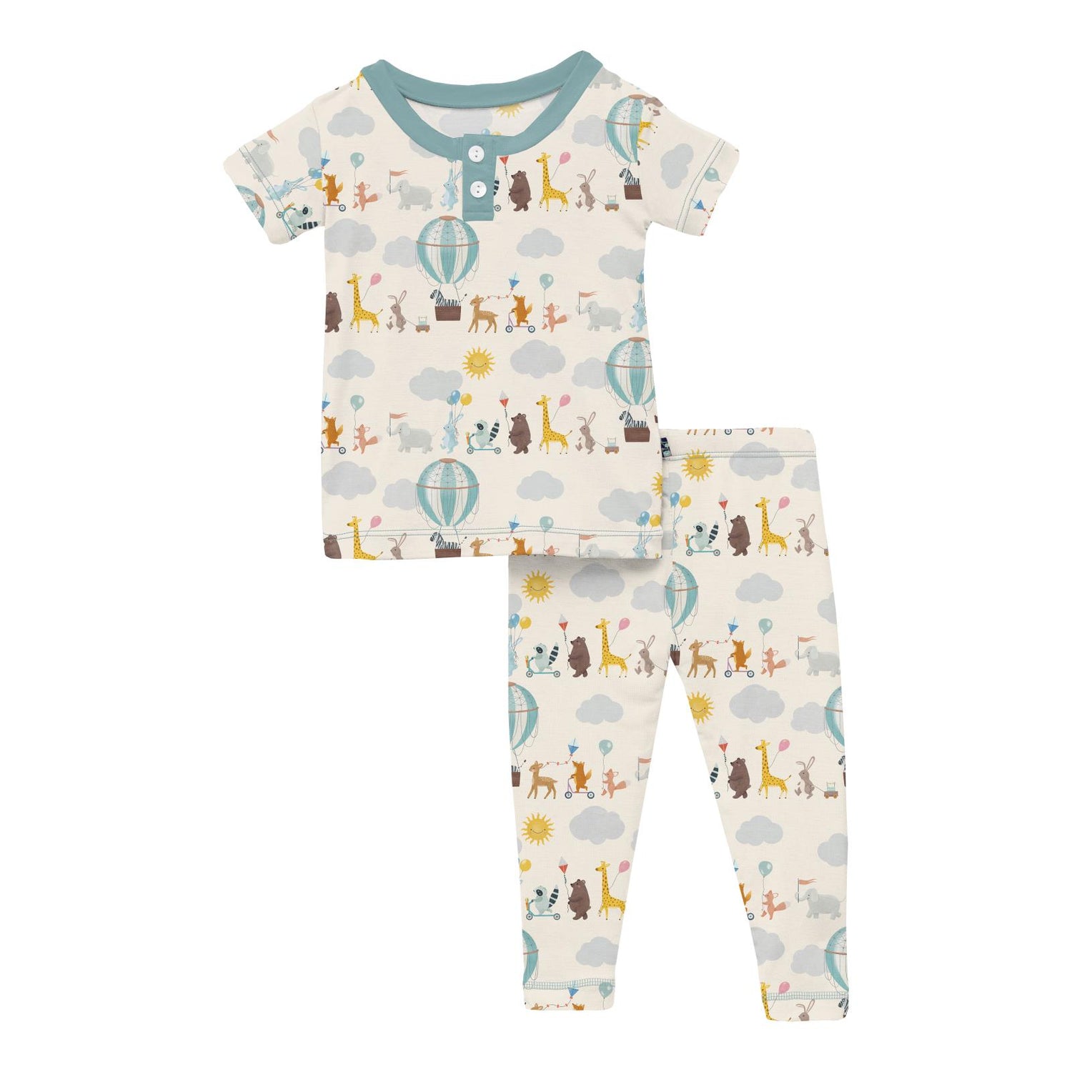 Print Short Sleeve Henley Pajama Set in Natural Animal Parade (336717)