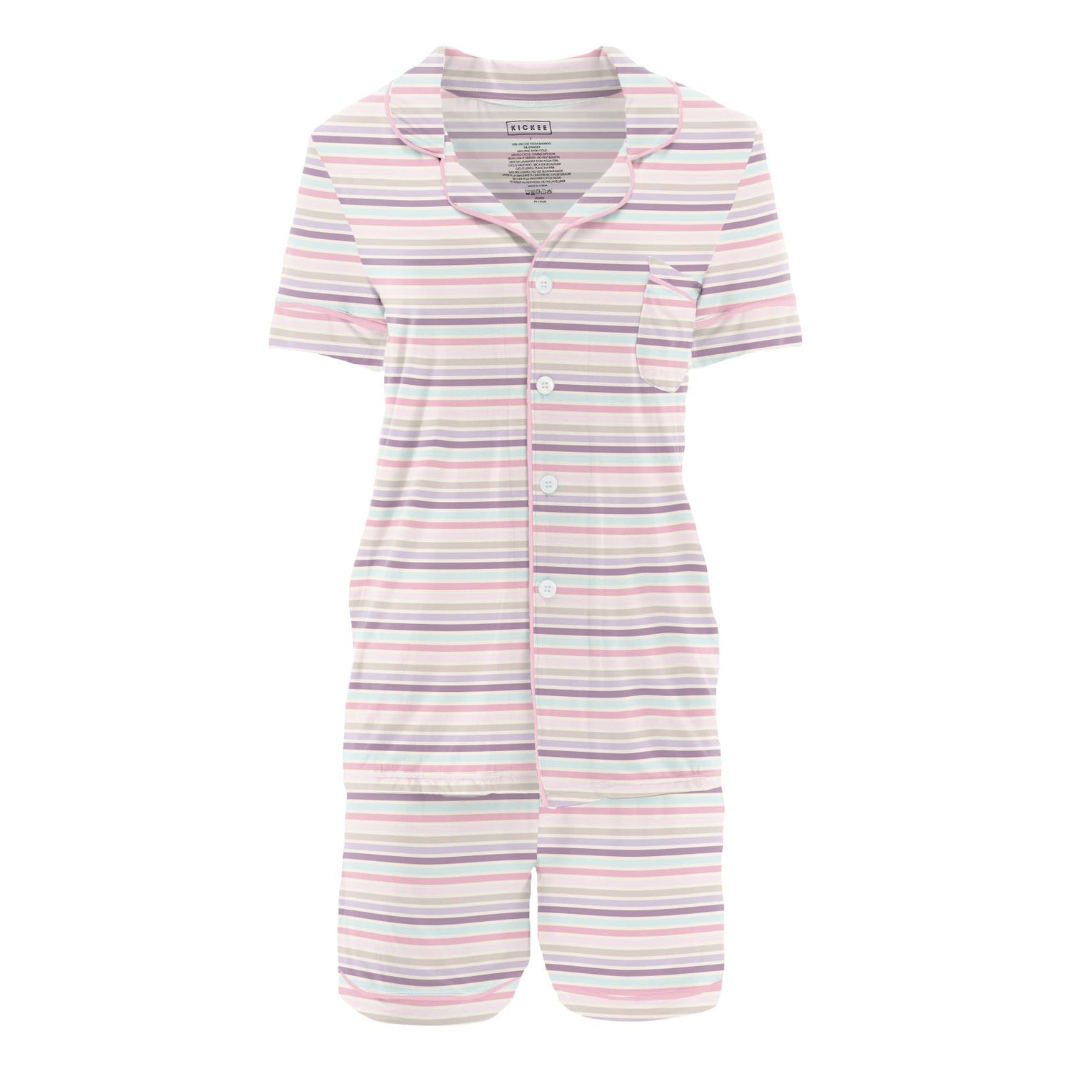 Women's Print Short Sleeve Collared Pajama Set with Shorts in Ice Cream Stripe (336780)