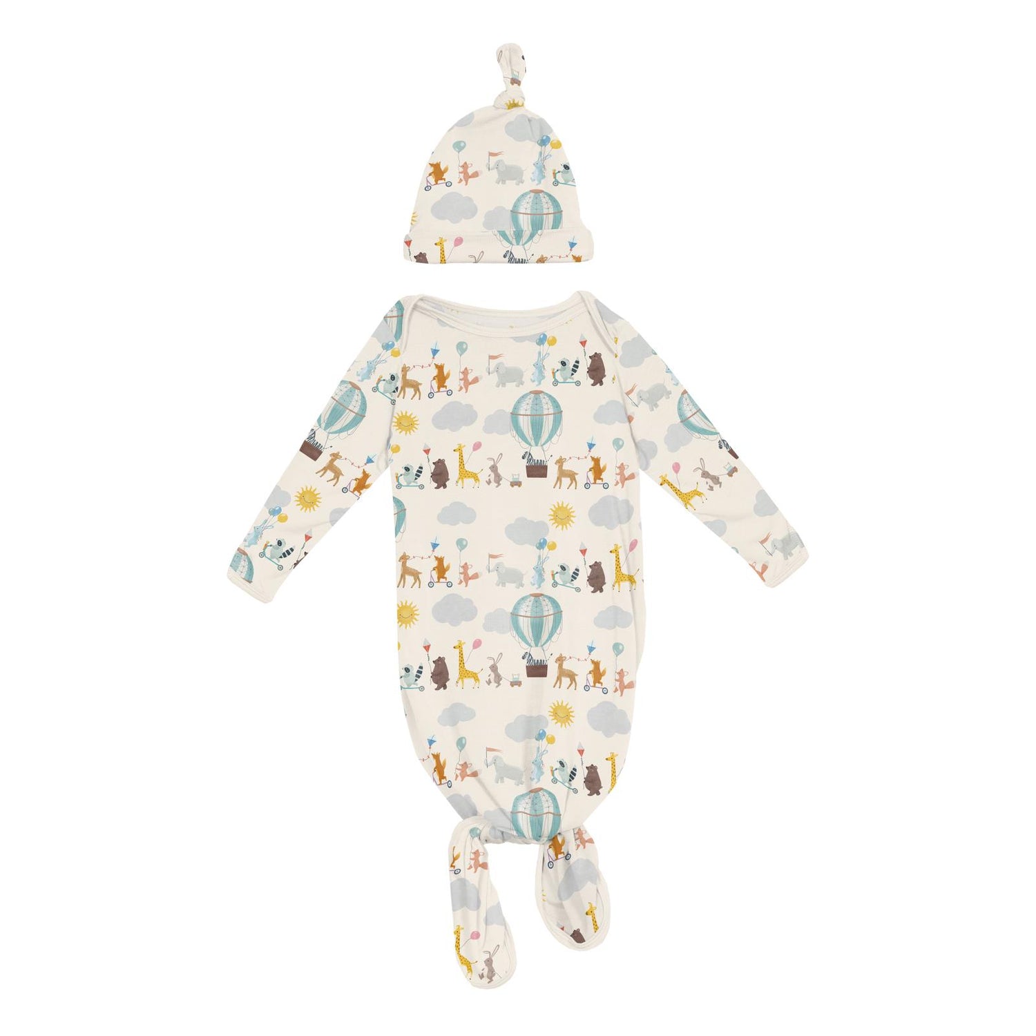 Print Knotted Layette Gown & Hat Set in Natural Animal Parade (336983)