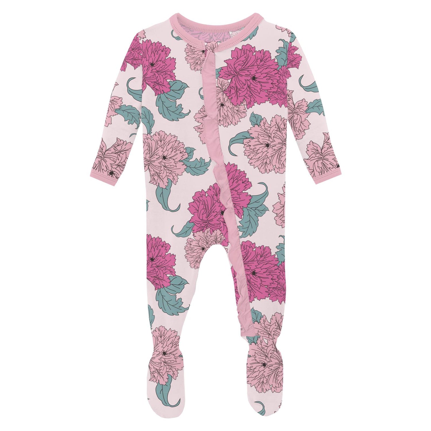 Print Layette Ruffle Footie with 2 Way Zipper in Shrinking Violet Peonies (337474)