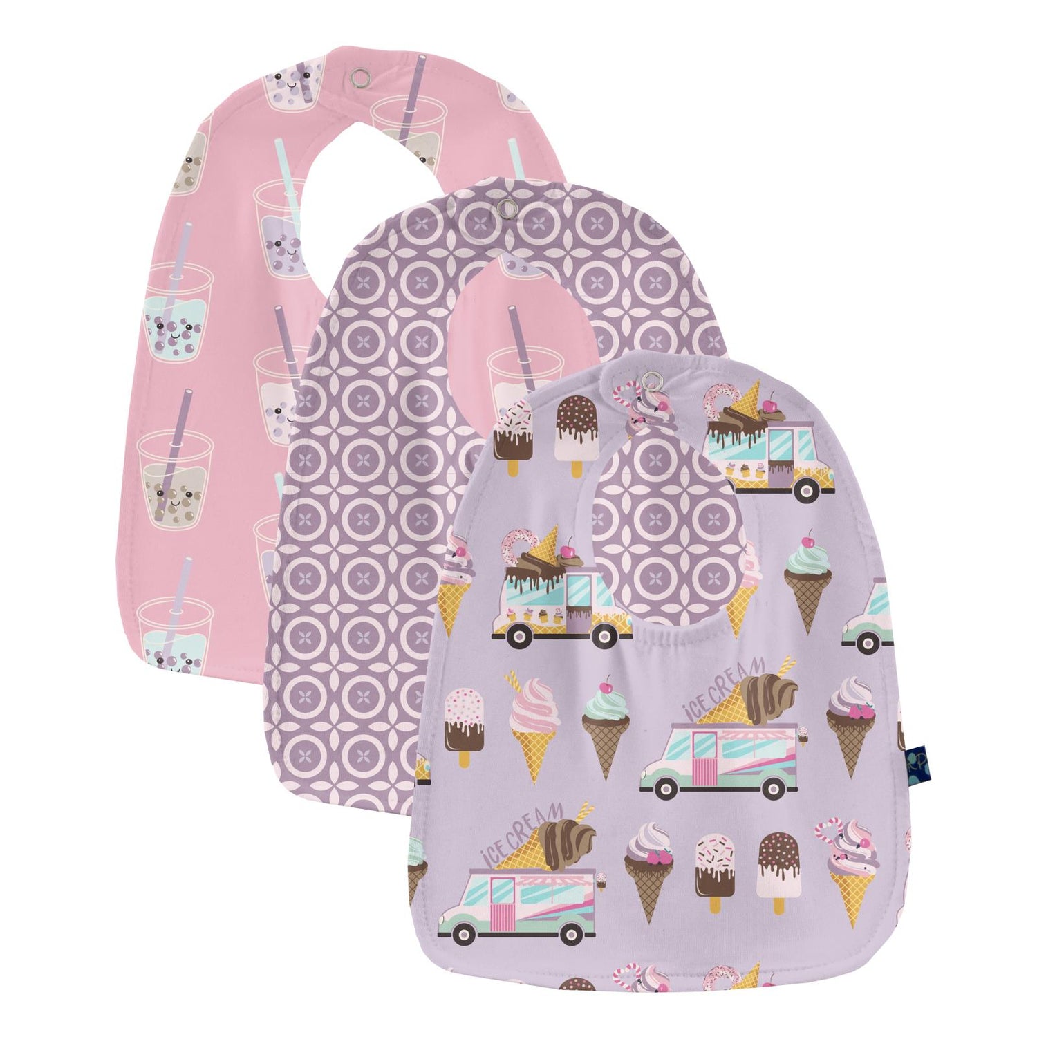Print Bib Set of 3 in Cake Pop Boba; Lavender Flower Lattice & Thistle Ice Cream Truck (337869)