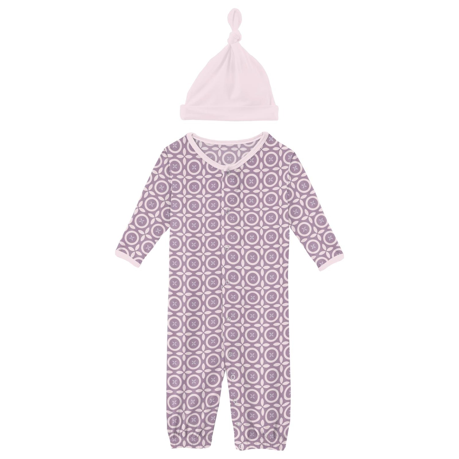 Print Layette Gown Converter & Single Knot Hat Set in Lavender Flower Lattice (338004)