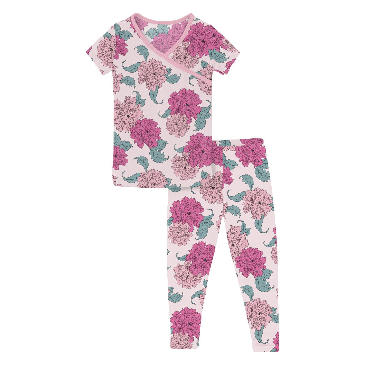 Print Short Sleeve Kimono Pajama Set in Shrinking Violet Peonies (338154)