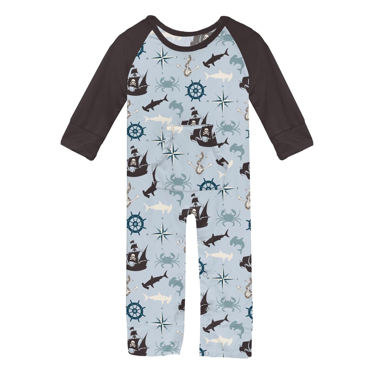 Print Long Sleeve Raglan Romper with Kangaroo Pocket in Illusion Blue Pirate Adventure (309079)