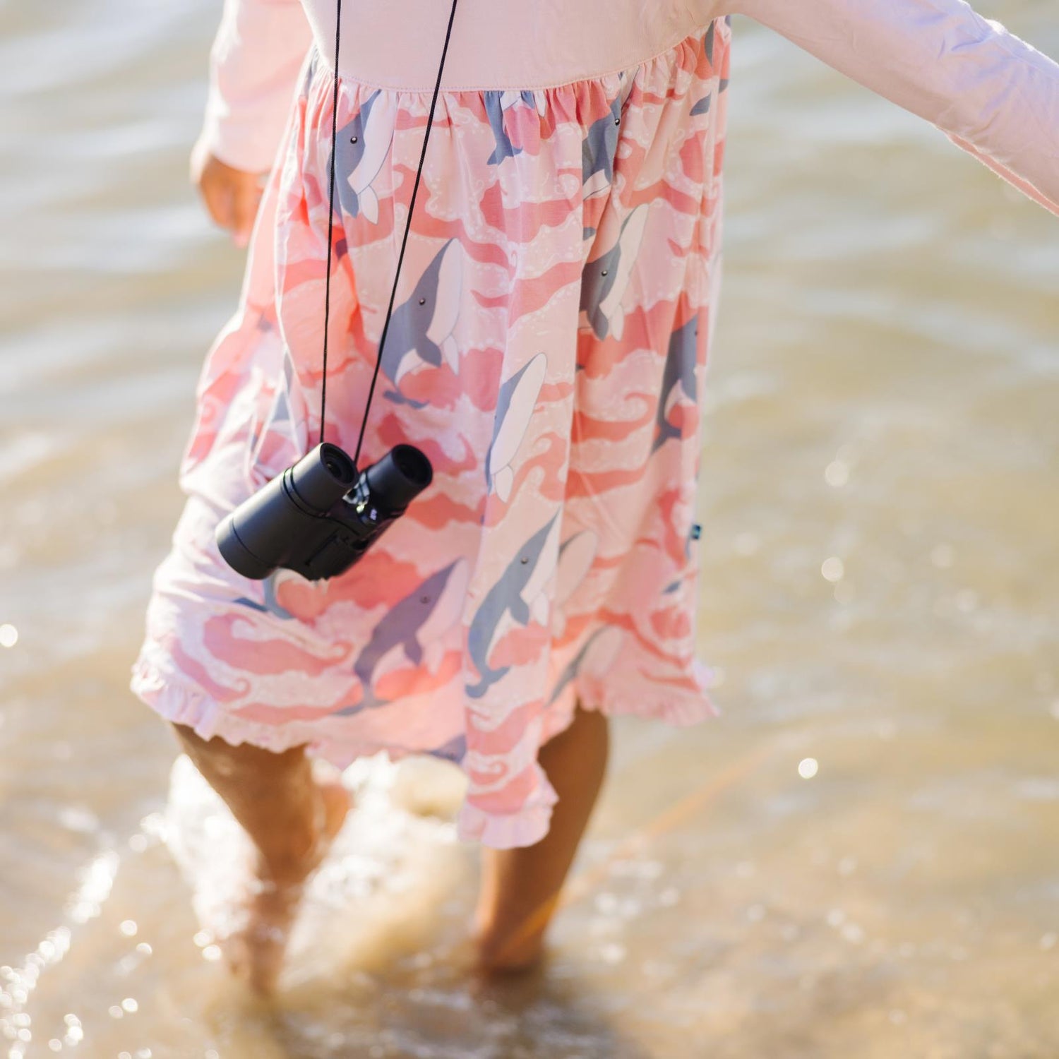 Print Long Sleeve Swing Dress in Baby Rose Splashing Whales (340866)