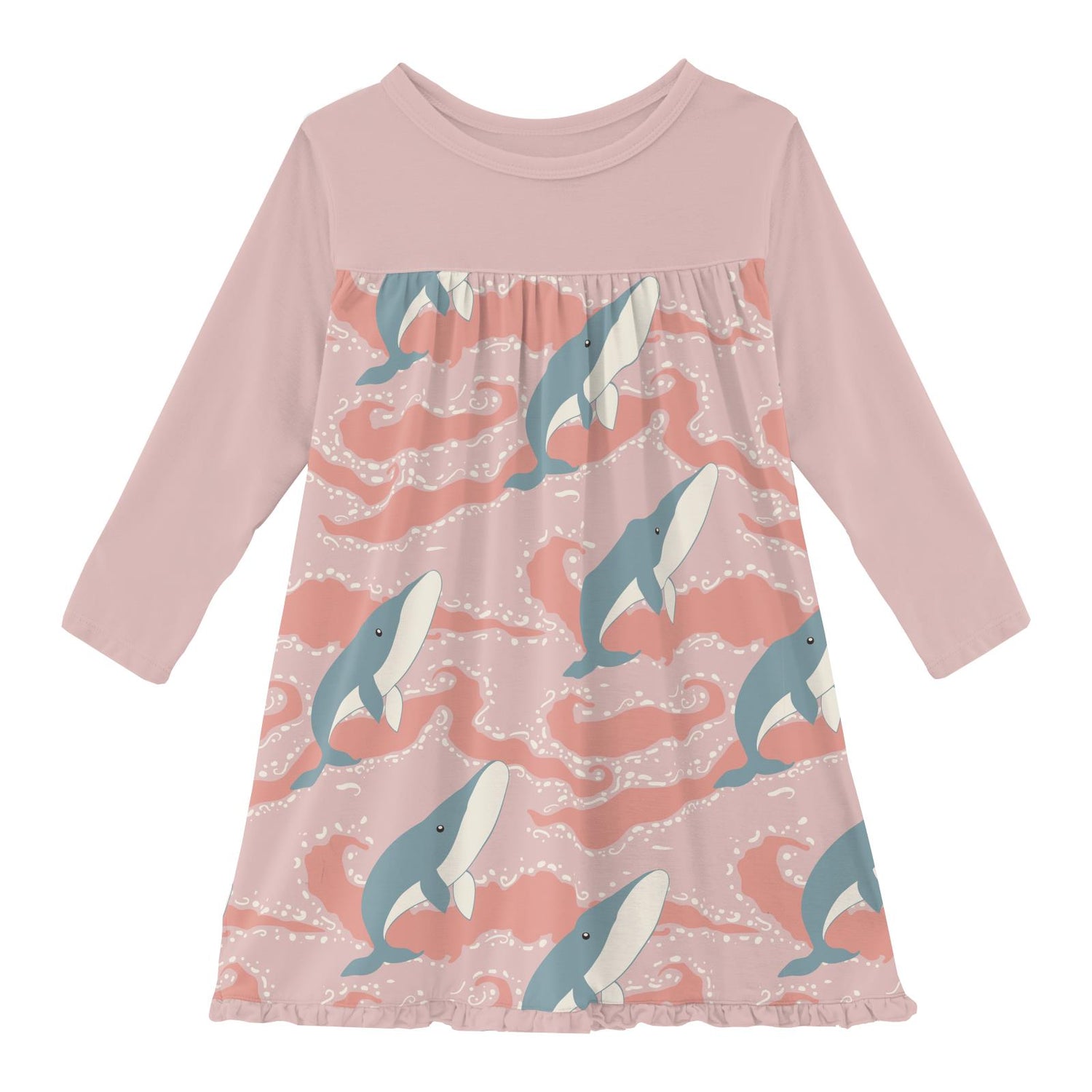 Print Long Sleeve Swing Dress in Baby Rose Splashing Whales (340861)