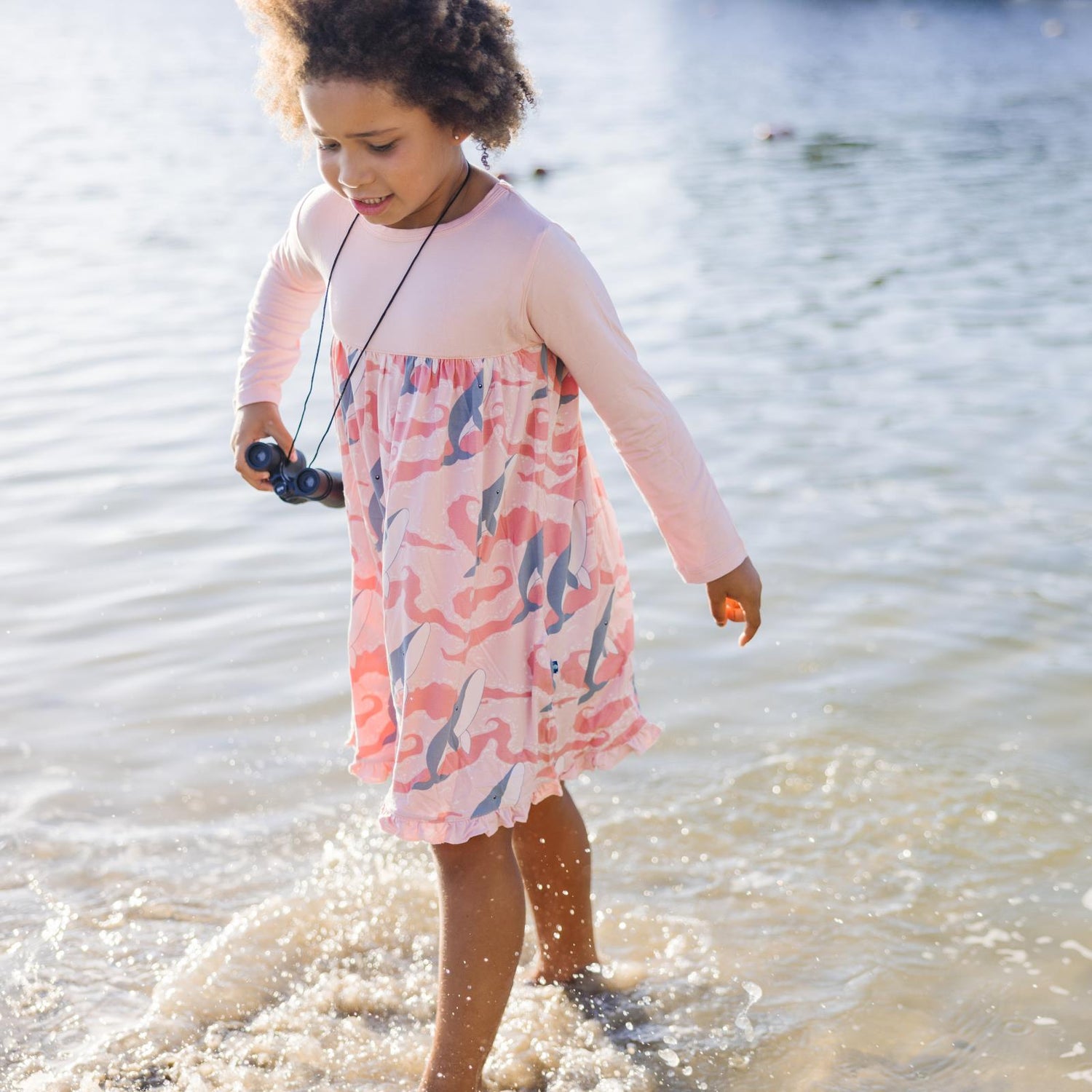 Print Long Sleeve Swing Dress in Baby Rose Splashing Whales (340870)