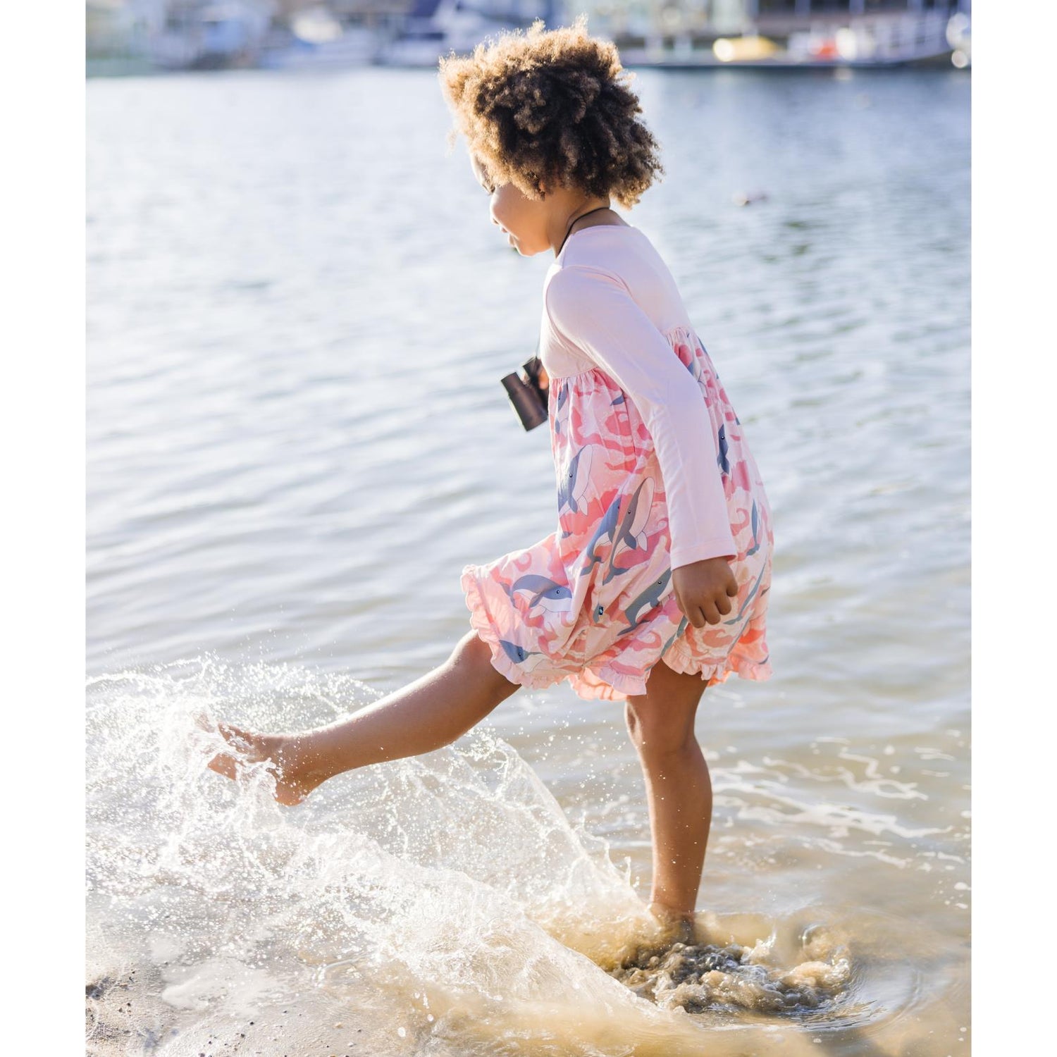 Print Long Sleeve Swing Dress in Baby Rose Splashing Whales (340889)