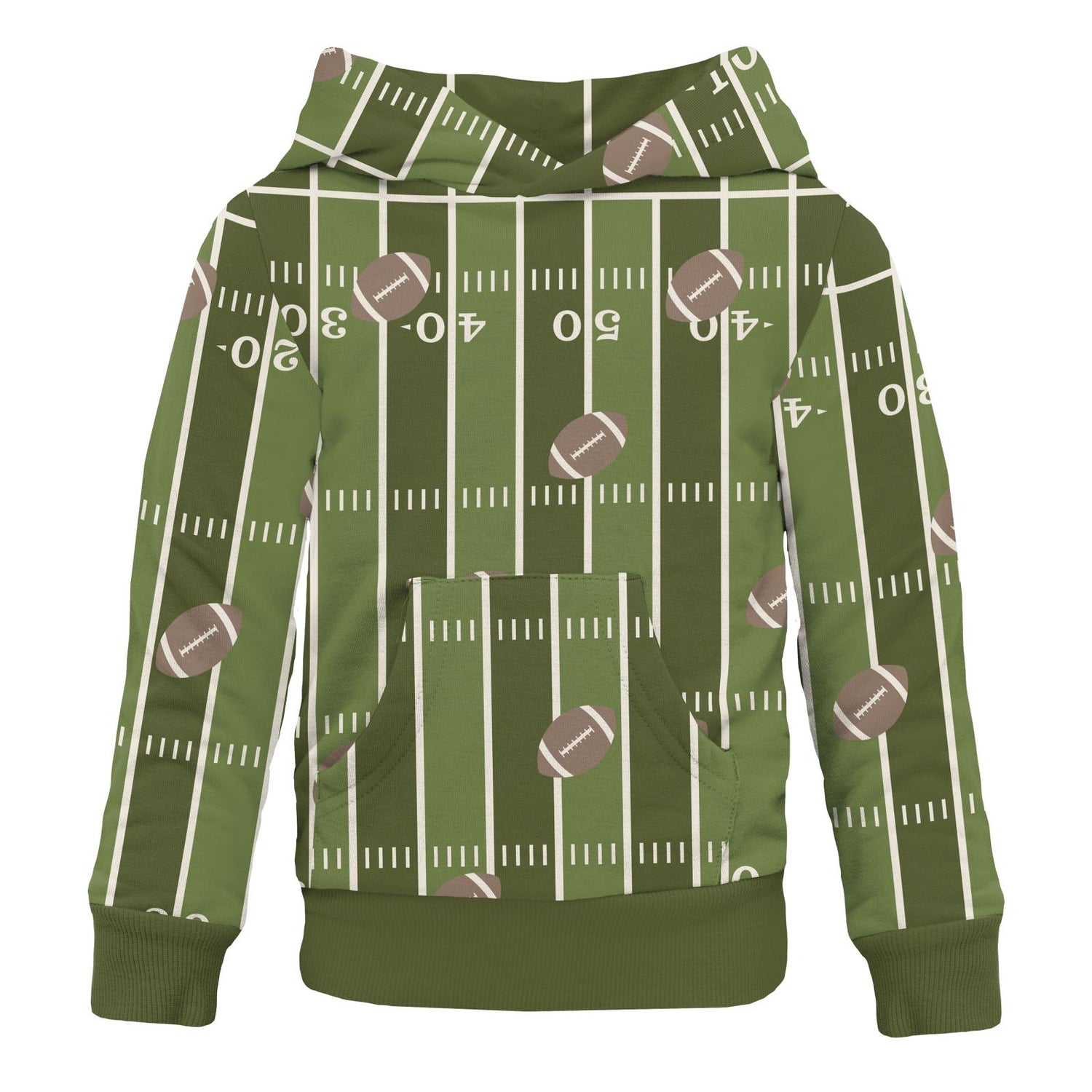 Print Fleece Kangaroo Pocket Pullover in Pesto Football (332409)