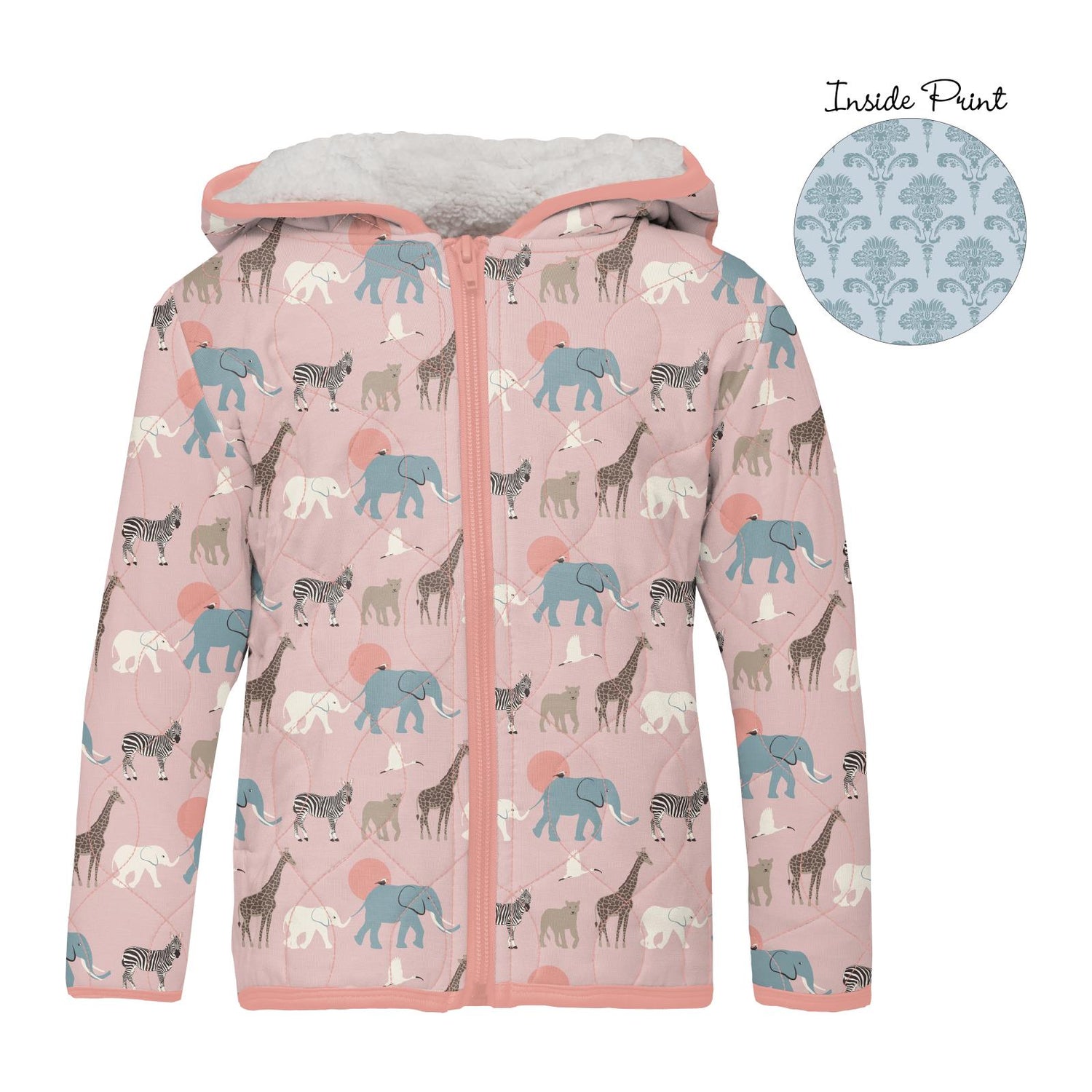 Print Quilted Jacket with Sherpa-Lined Hood in Baby Rose Just So Animals/Illusion Blue Damask (293447)