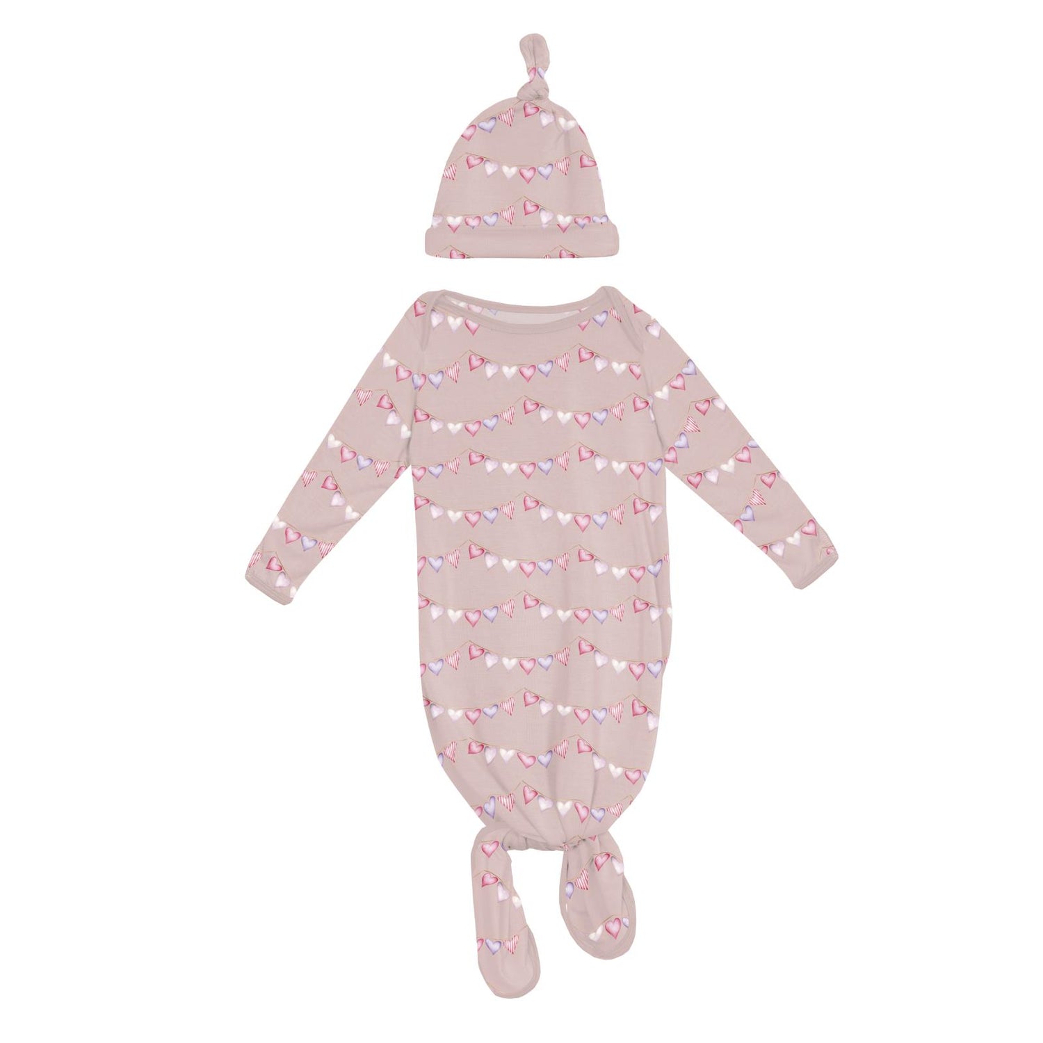 Print Knotted Layette Gown & Hat Set in Baby Rose Heart Bunting (370440)