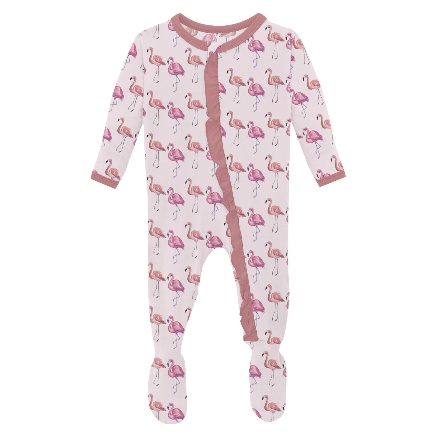 Print Layette Ruffle Footie with 2 Way Zipper in Shrinking Violet Flamingo (370483)