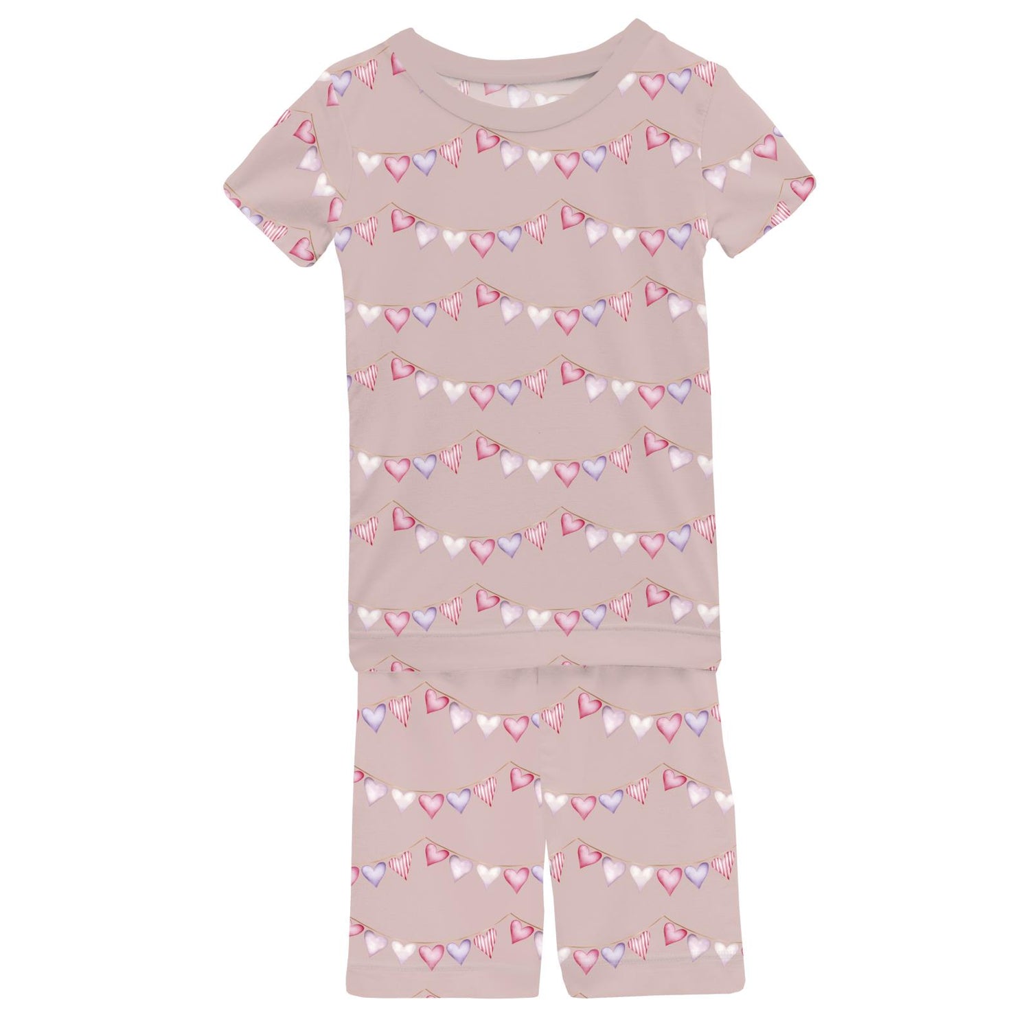 Print Short Sleeve Pajama Set with Shorts in Baby Rose Heart Bunting (370533)