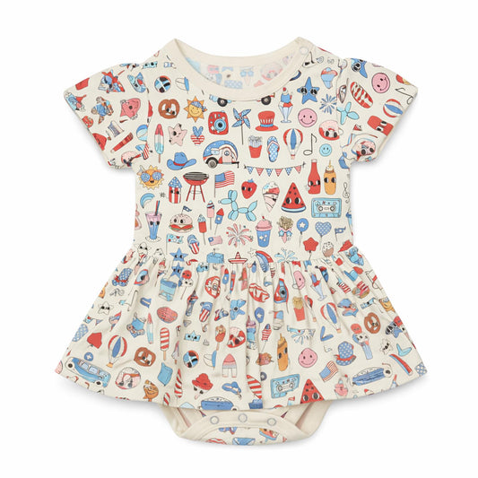 Print Short Sleeve Skirted One Piece in Party USA (370614)