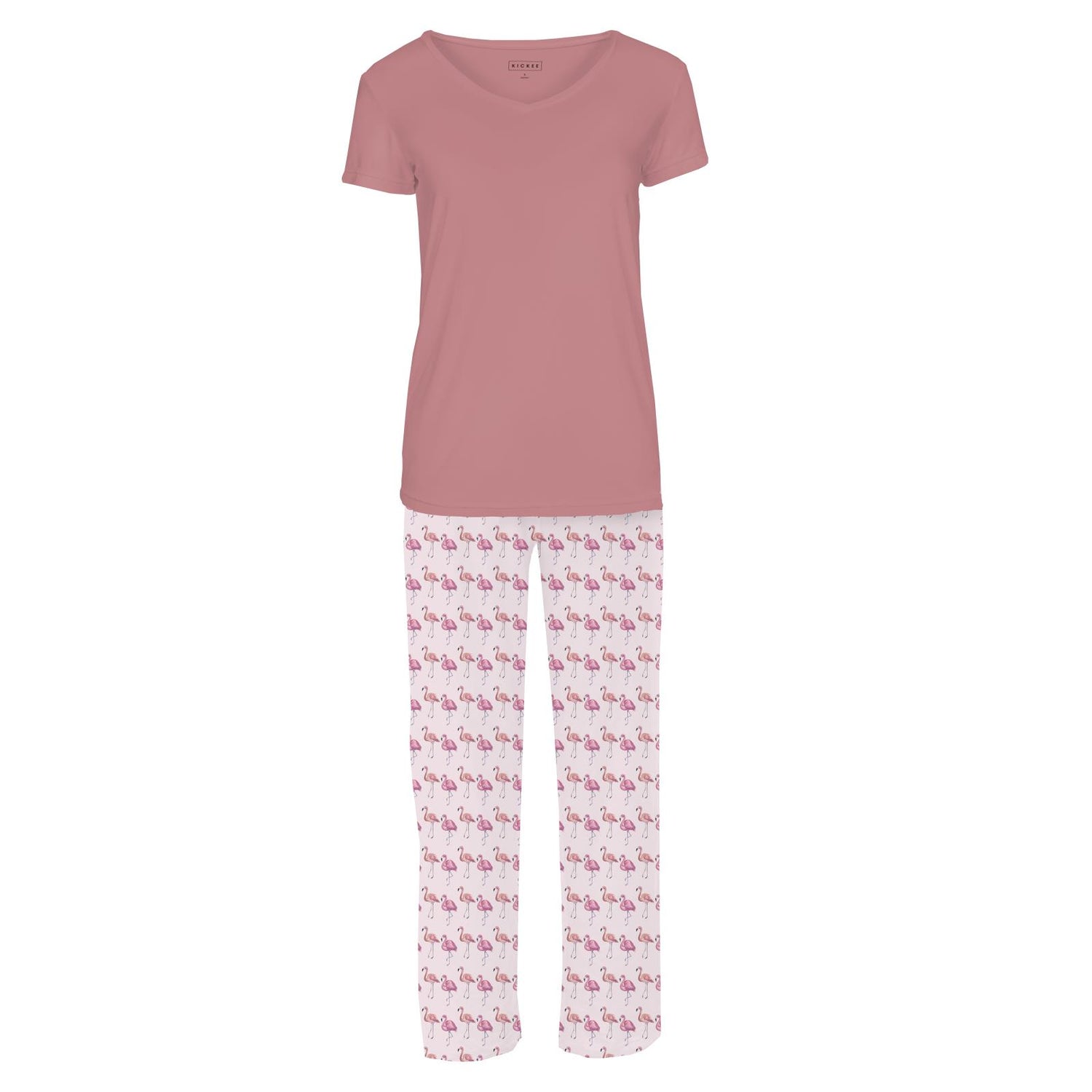 Women's Print Short Sleeve V-Neck Pajamas in Shrinking Violet Flamingo (370686)