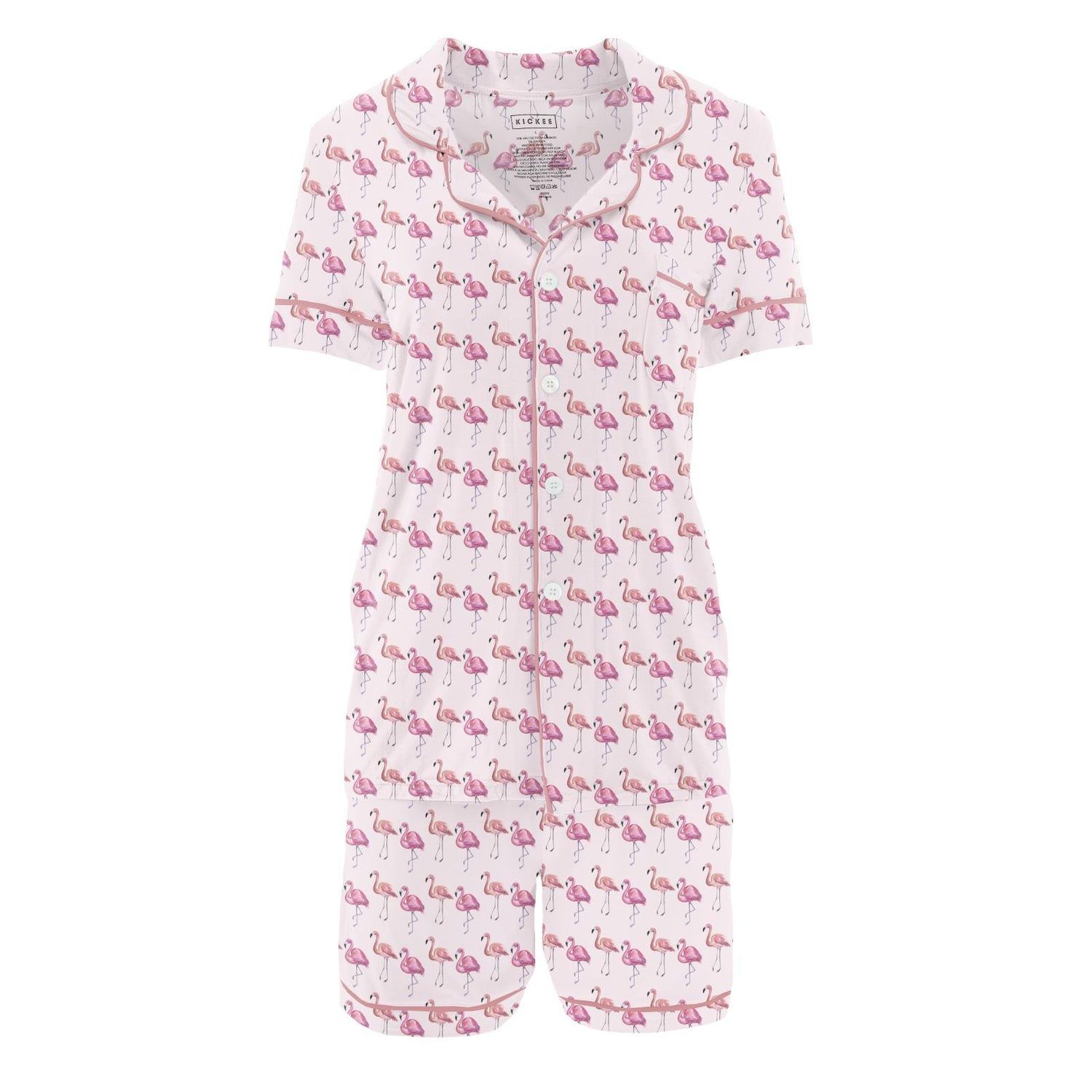 Women's Print Short Sleeve Collared Pajama Set with Shorts in Shrinking Violet Flamingo (370696)