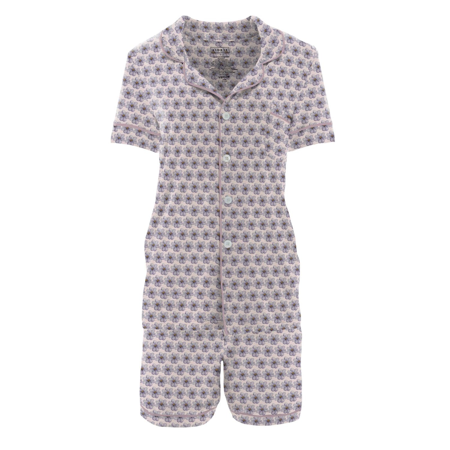 Women's Print Short Sleeve Collared Pajama Set with Shorts in Shrinking Violet Summer Flowers (370795)