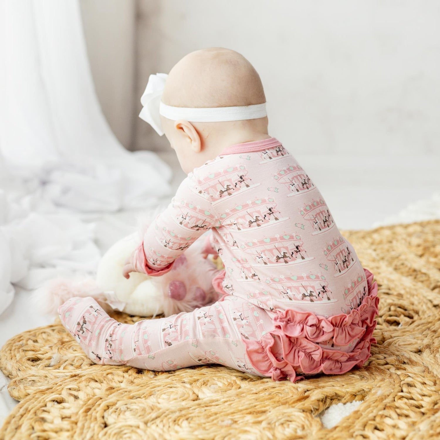 Print Layette Ruffle Footie with 2 Way Zipper in Baby Rose Fair Carousel (331991)