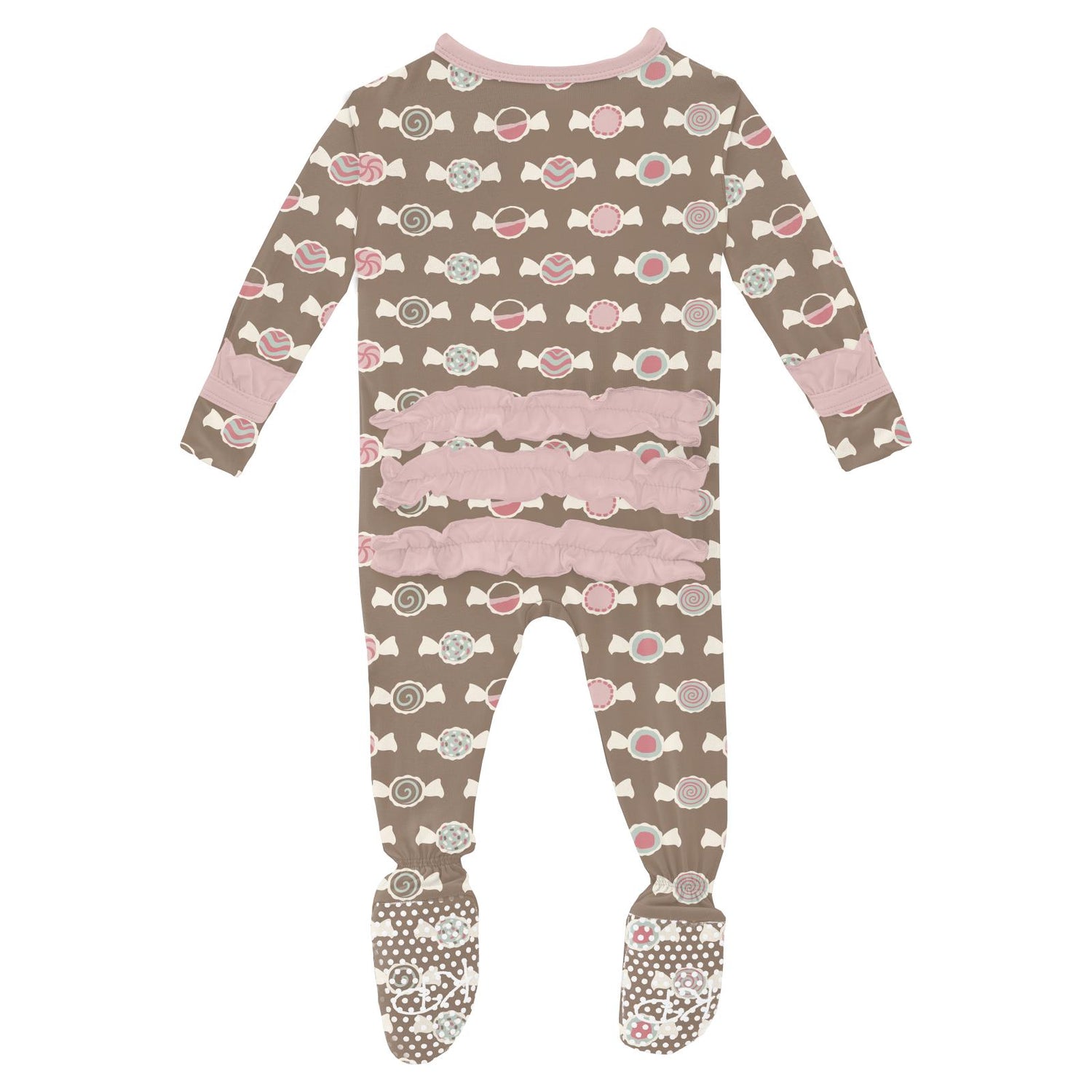 Print Layette Ruffle Footie with 2 Way Zipper in Portabella Saltwater Taffy (332101)