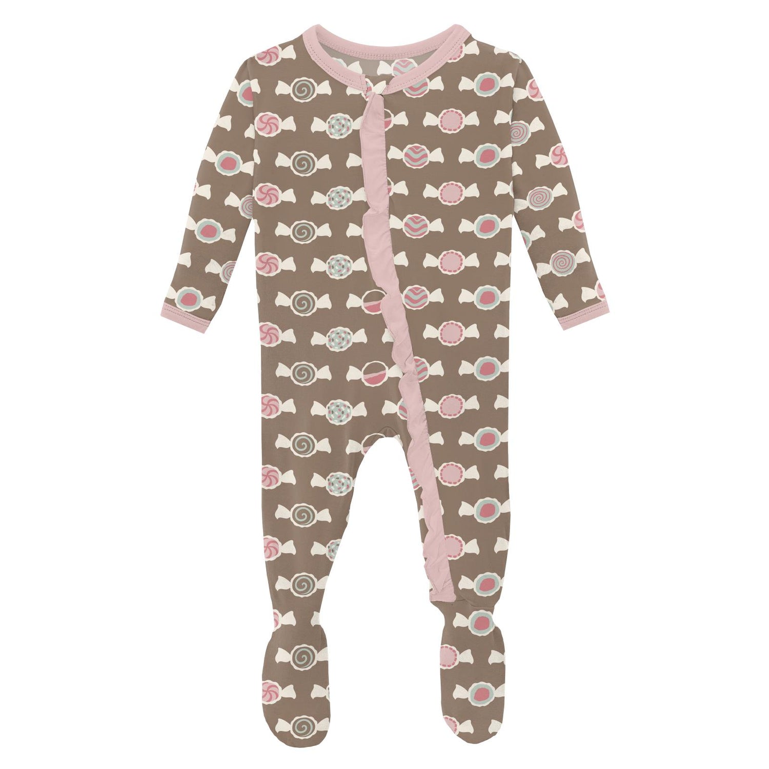 Print Layette Ruffle Footie with 2 Way Zipper in Portabella Saltwater Taffy (332255)