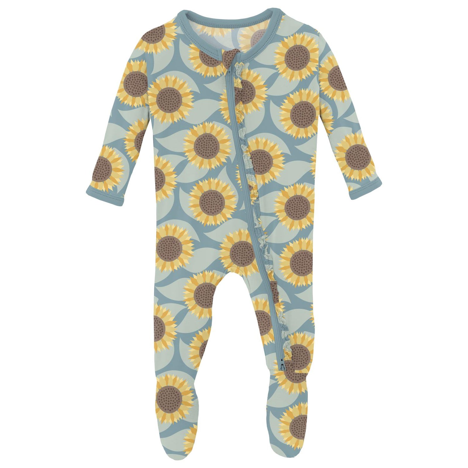 Print Muffin Ruffle Footie with 2 Way Zipper in Stormy Sea Sunflower (336005)