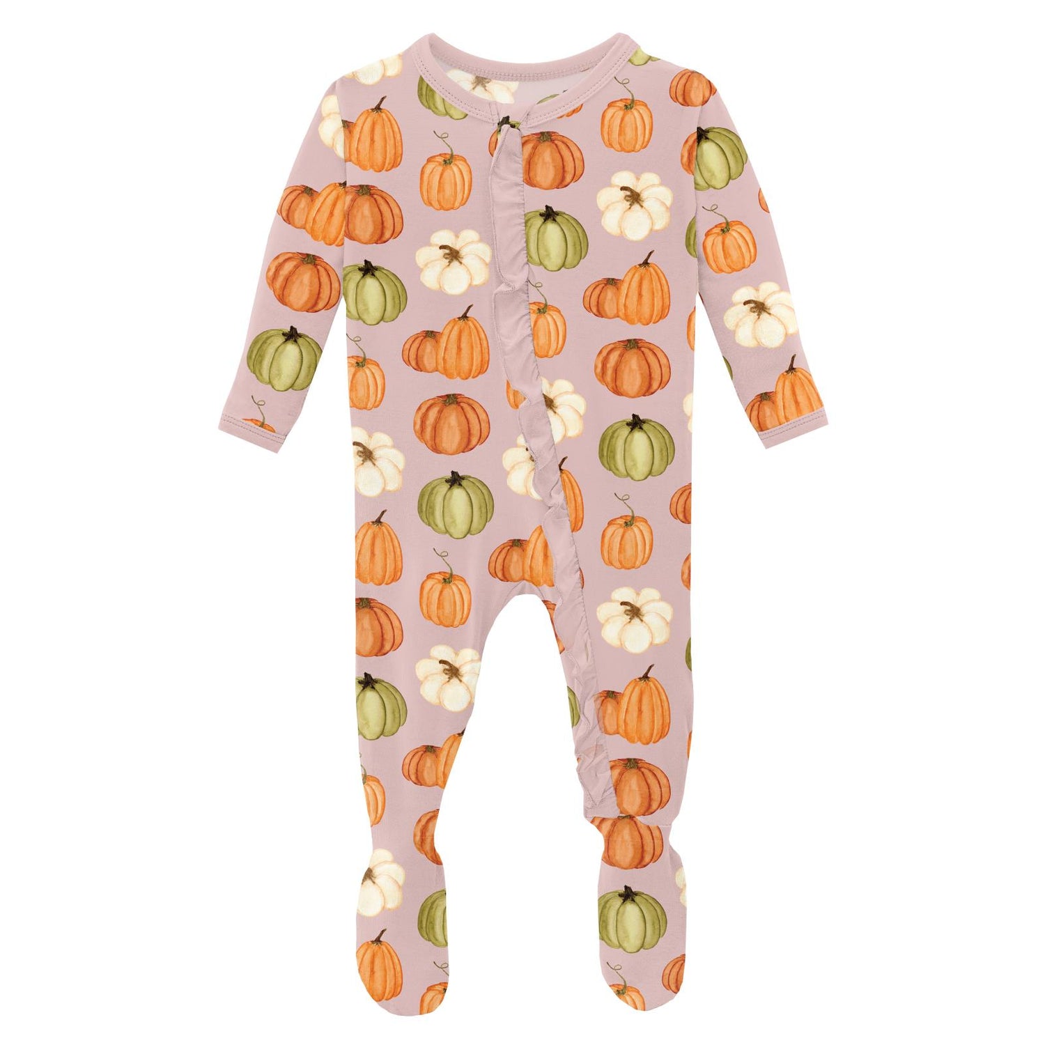 Print Layette Ruffle Footie with 2 Way Zipper in Baby Rose Pumpkin Patch (331980)