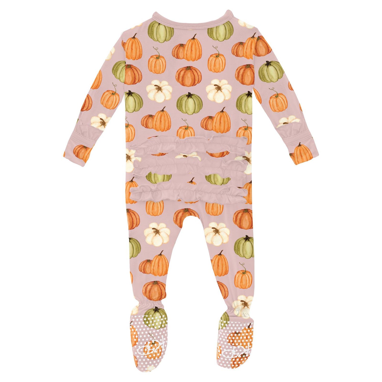 Print Layette Ruffle Footie with 2 Way Zipper in Baby Rose Pumpkin Patch (332028)