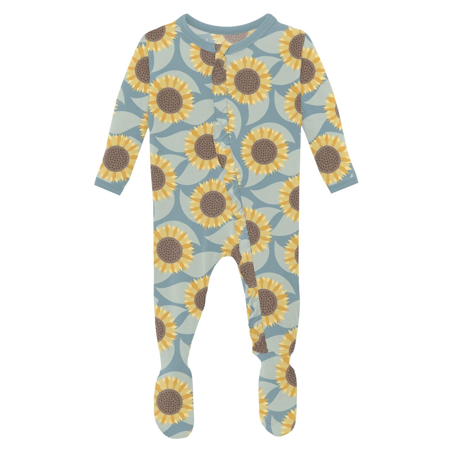 Print Layette Ruffle Footie with 2 Way Zipper in Stormy Sea Sunflower (332032)