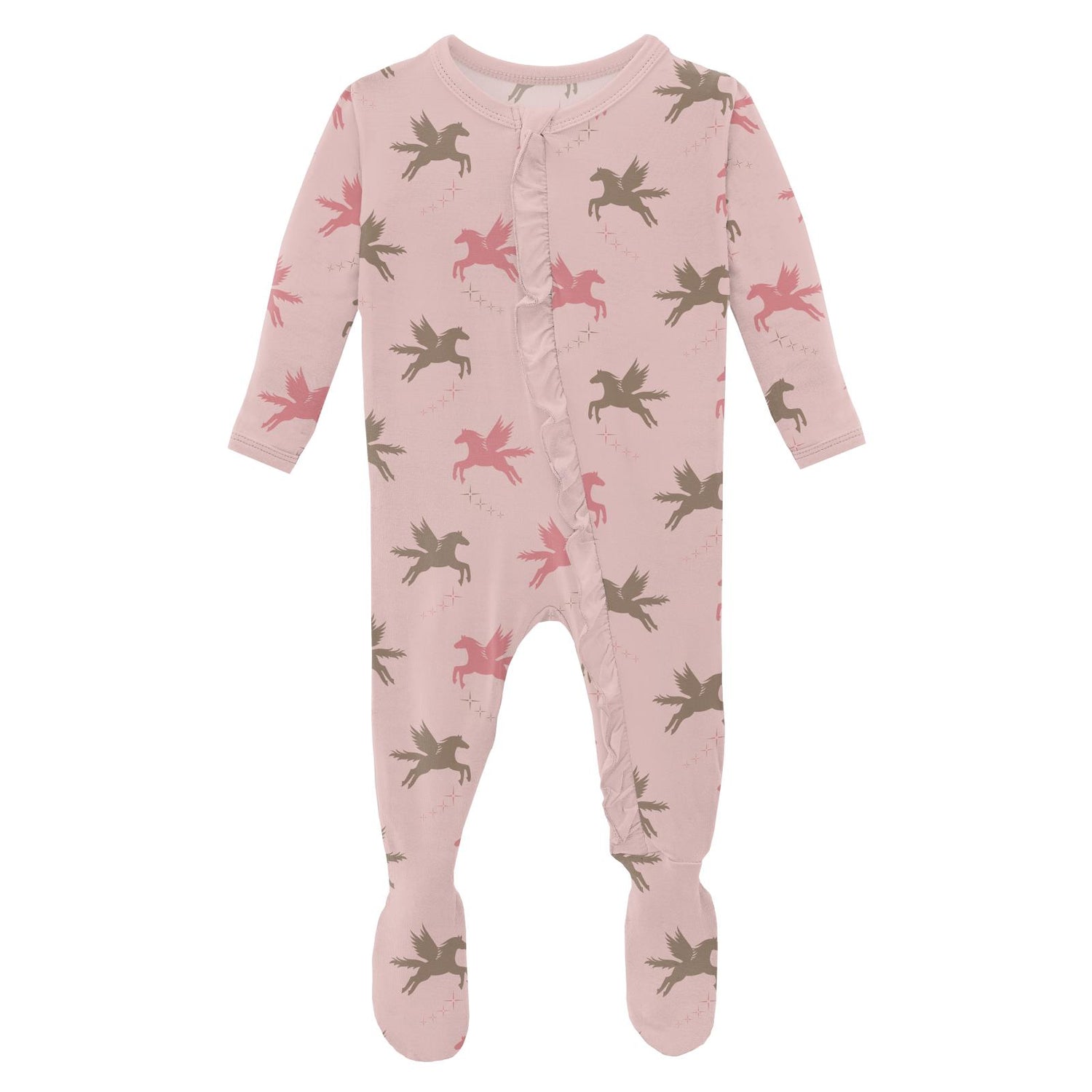 Print Layette Ruffle Footie with 2 Way Zipper in Baby Rose Pegasus (332081)