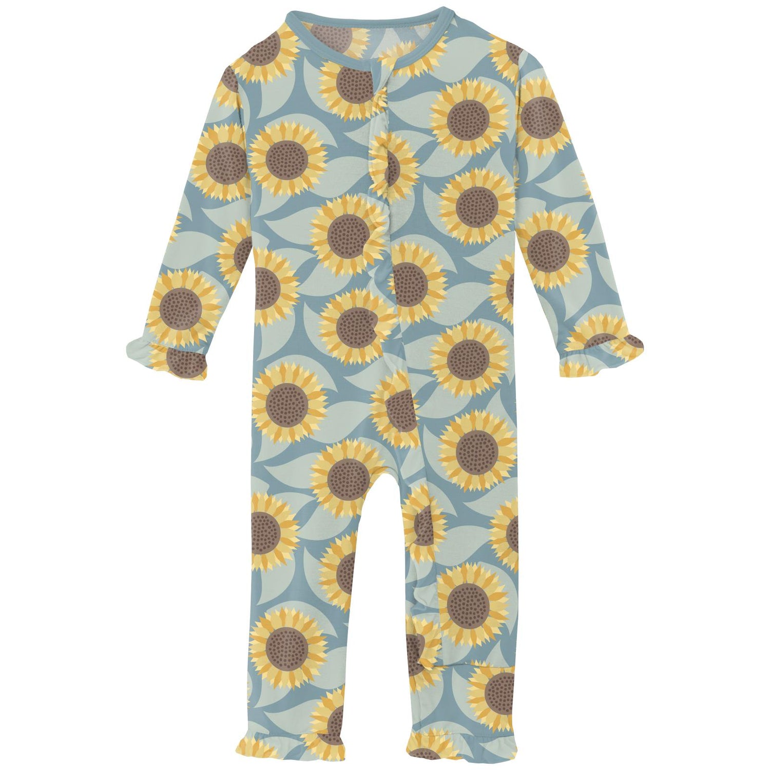 Print Layette Ruffle Coverall with 2 Way Zipper in Stormy Sea Sunflower (332200)